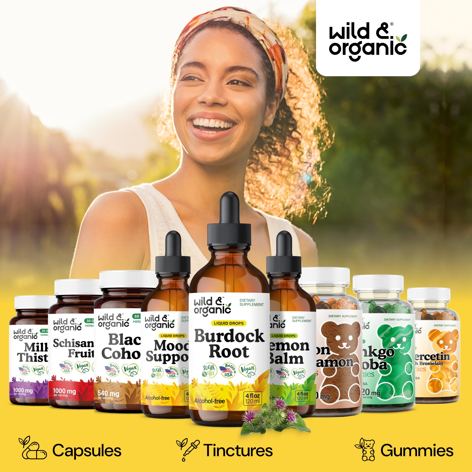 Wild & Organic Burdock Root Tincture bottle with glycerin base, sugar-free sweetness
