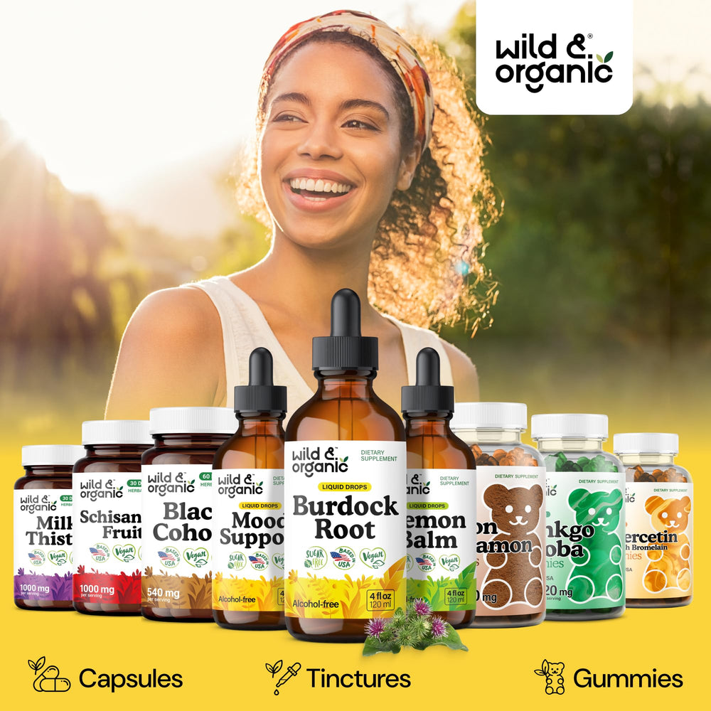 Wild & Organic Burdock Root Tincture bottle with glycerin base, sugar-free sweetness