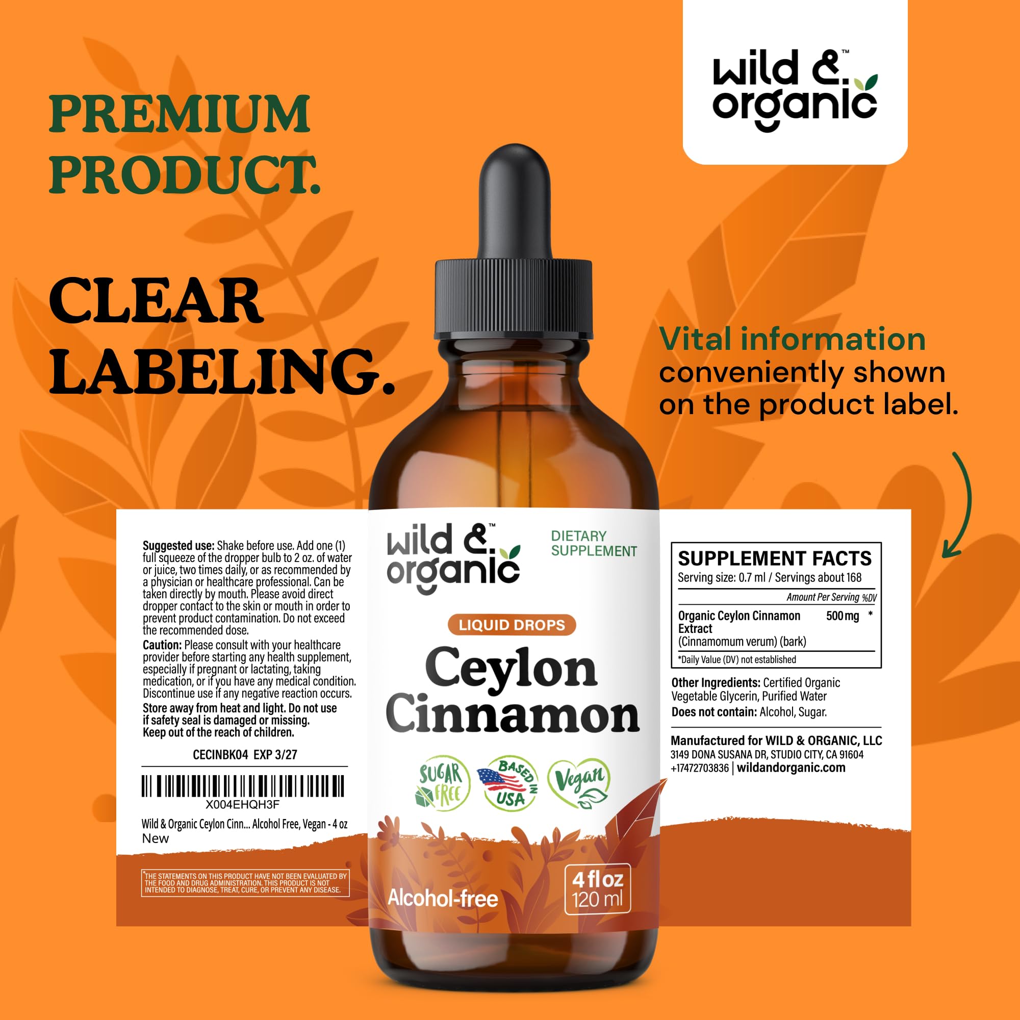 Alcohol-free glycerin tincture from Wild & Organic Cinnamon Drops in a bottle.