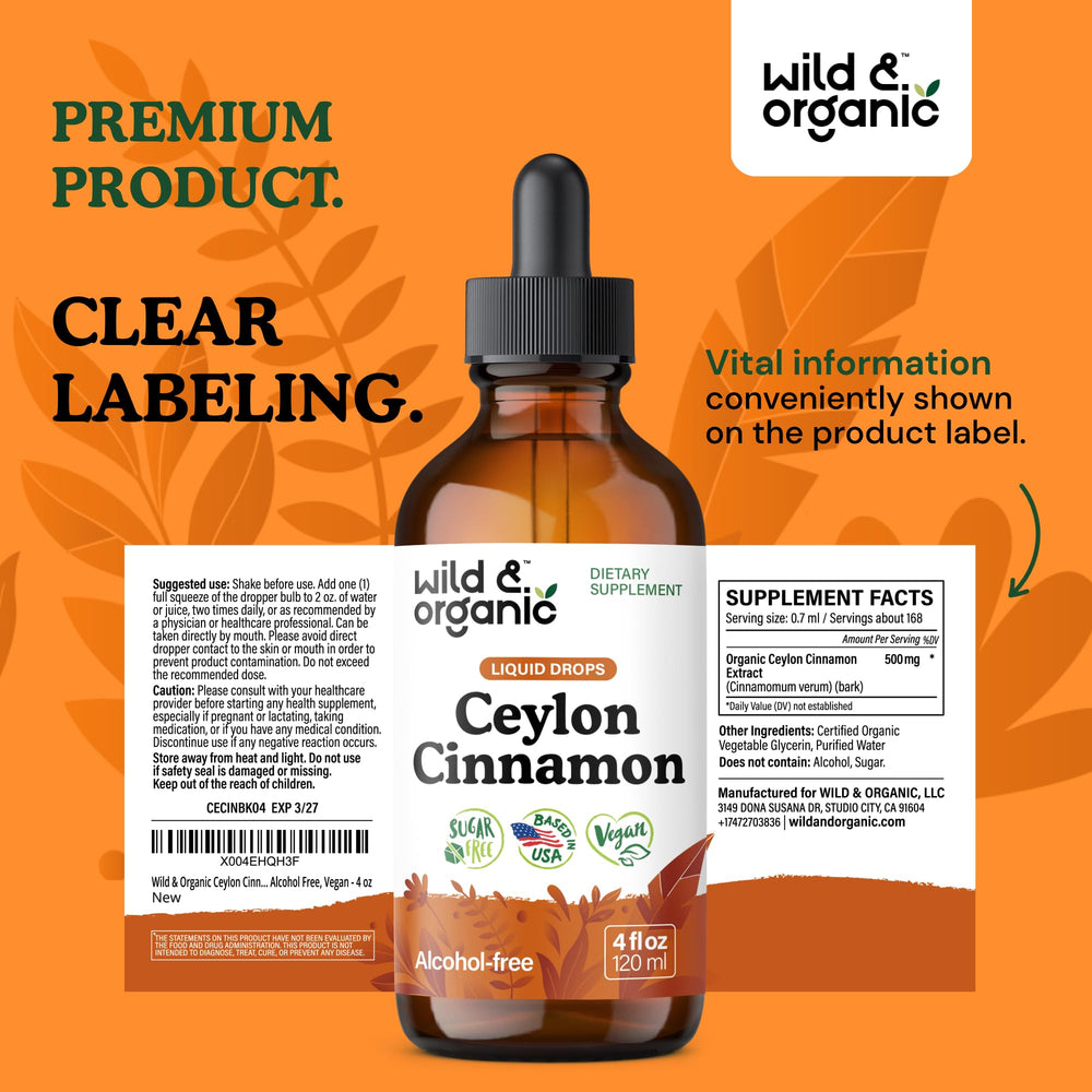 Alcohol-free glycerin tincture from Wild & Organic Cinnamon Drops in a bottle.