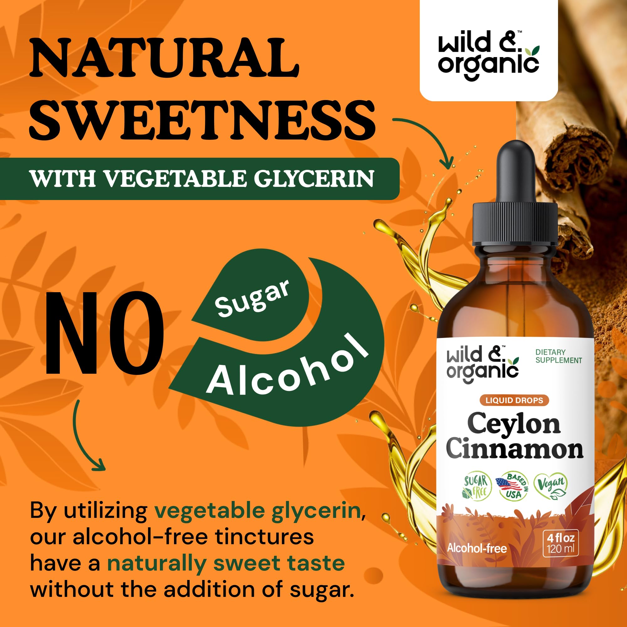 Wild & Organic Cinnamon Drops bottle graphic emphasizes vegan ingredients.