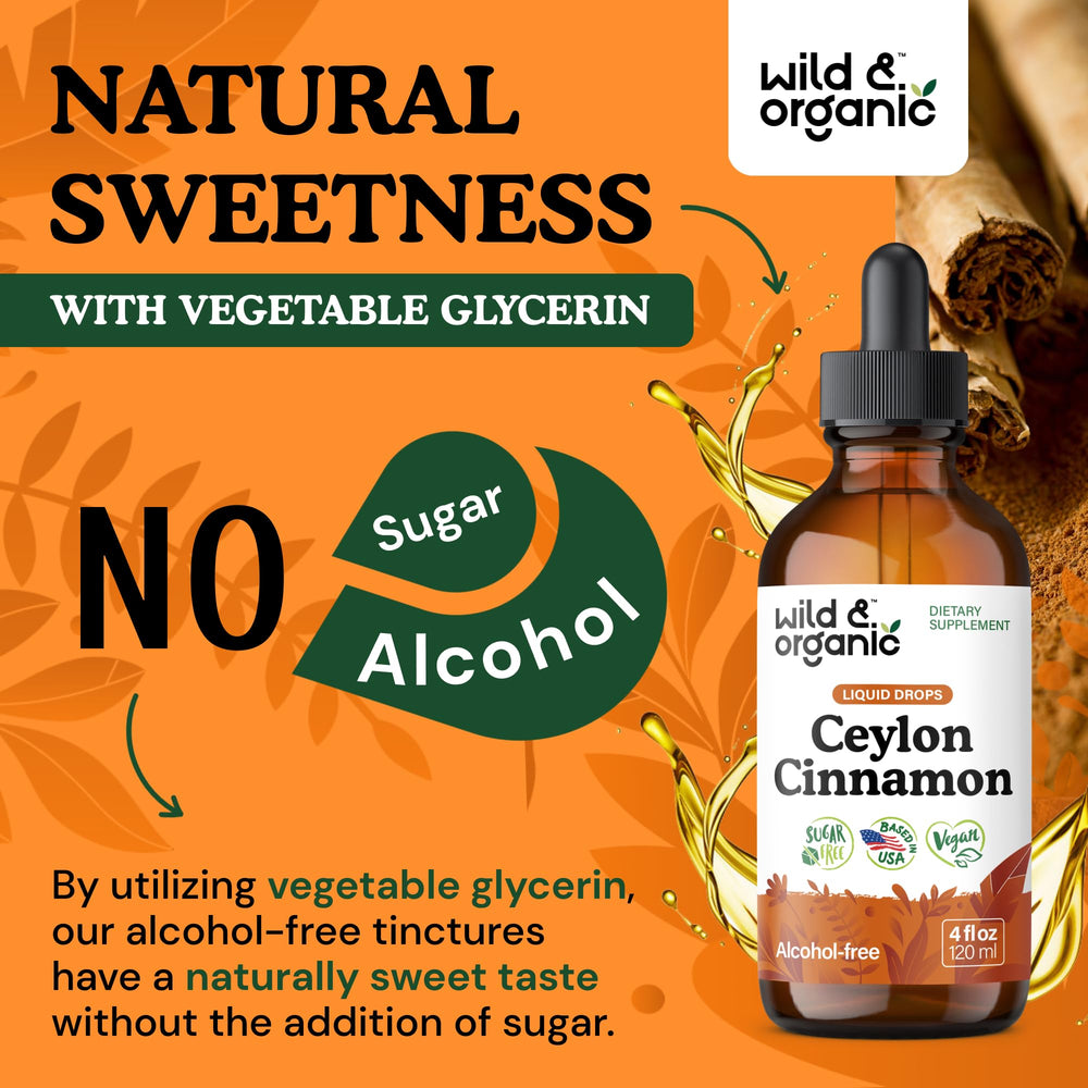 Wild & Organic Cinnamon Drops bottle graphic emphasizes vegan ingredients.