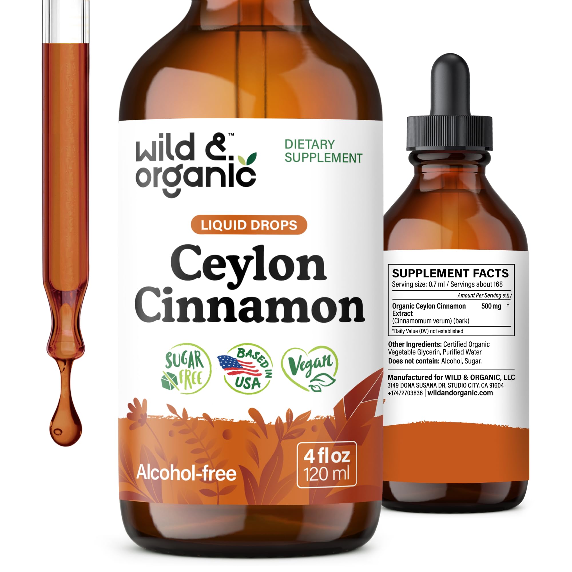Wild & Organic Ceylon Cinnamon Drops bottle highlighting antioxidant-rich extract for daily use.