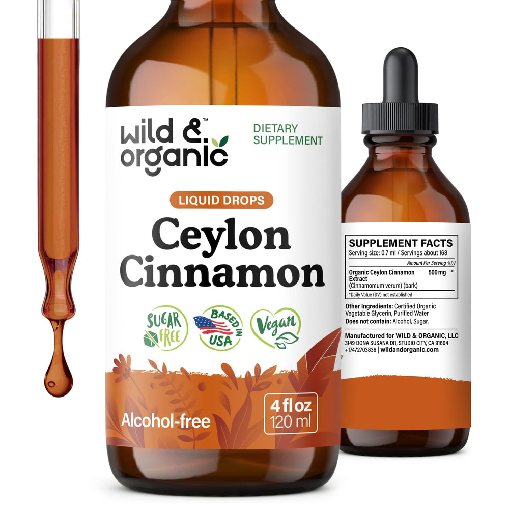 Wild & Organic Ceylon Cinnamon Drops bottle highlighting antioxidant-rich extract for daily use.