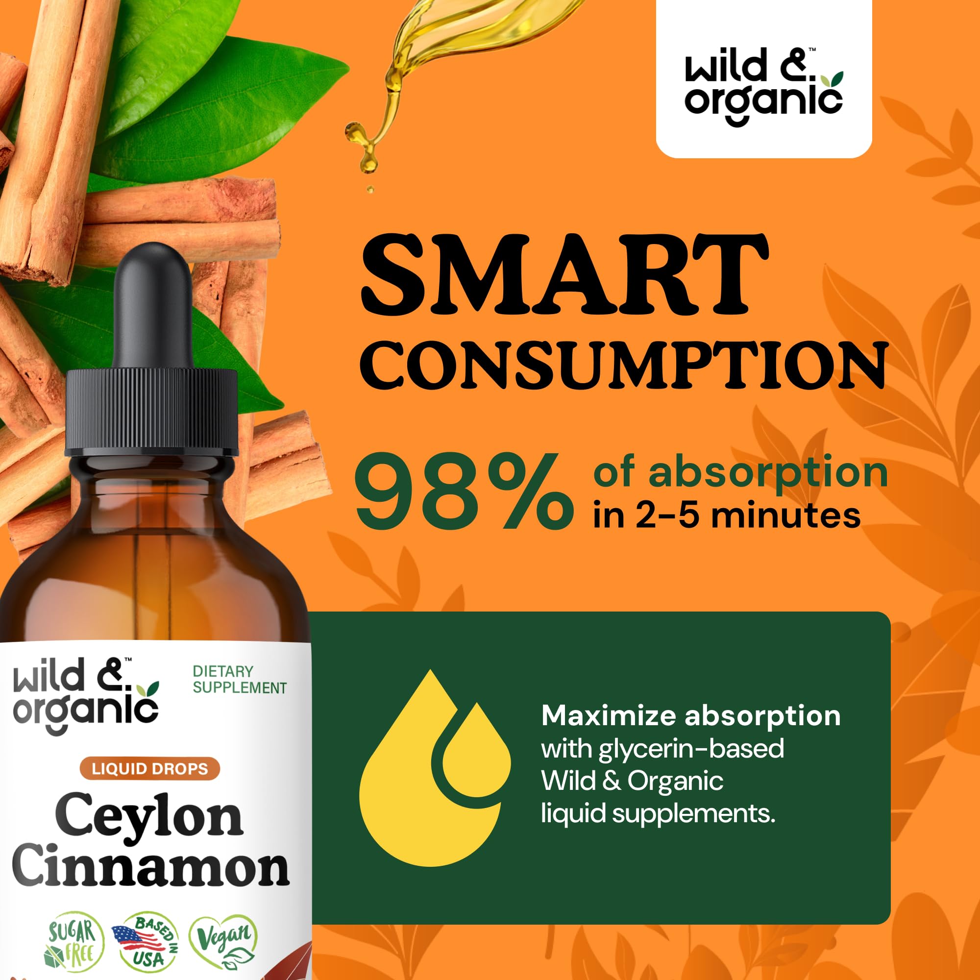 Dropper-cap on Wild & Organic Cinnamon Drops enables precise, easy dosing.