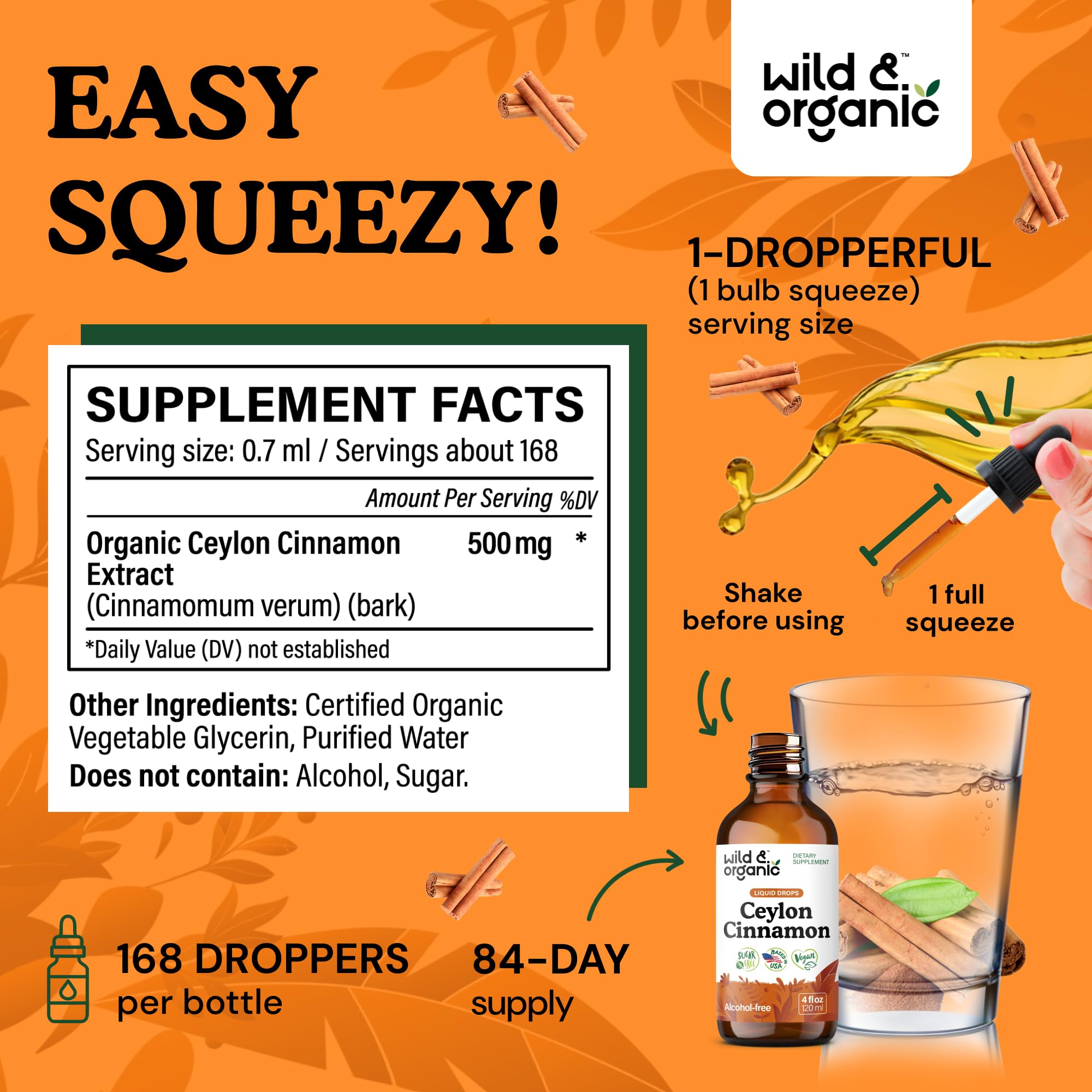Wild & Organic Ceylon Cinnamon Drops label shows vegan, sugar-free attributes.