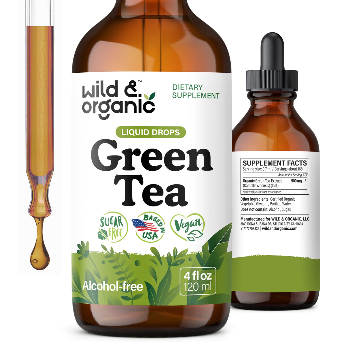 Wild & Organic green tea extract drops bottle pour showing easy daily dosing and antioxidant support