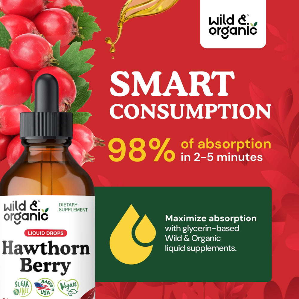 Wild & Organic Hawthorn Berry Liquid Drops in a glass dropper showing glycerin-based sweetness