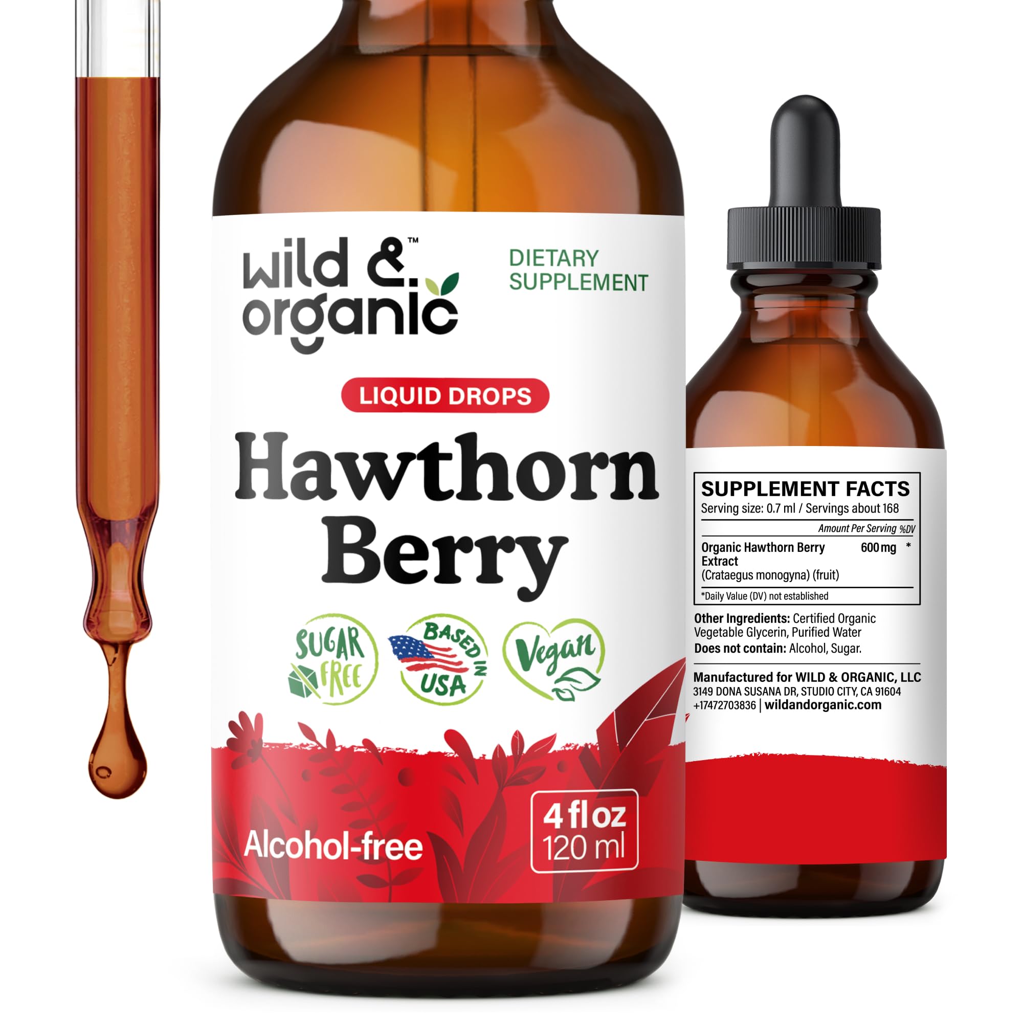 Wild & Organic Hawthorn Berry Tincture bottle with concentrated extract for overall support