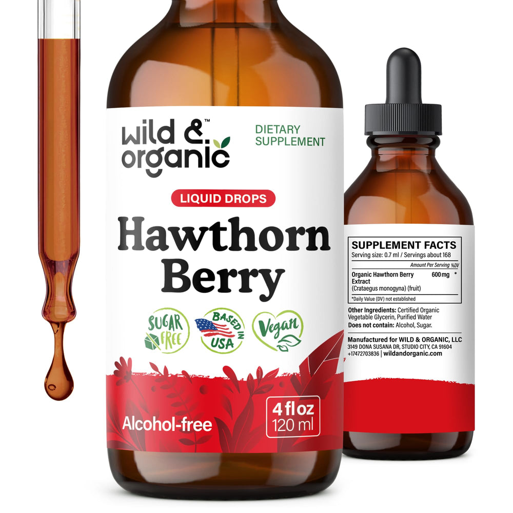 Wild & Organic Hawthorn Berry Tincture bottle with concentrated extract for overall support