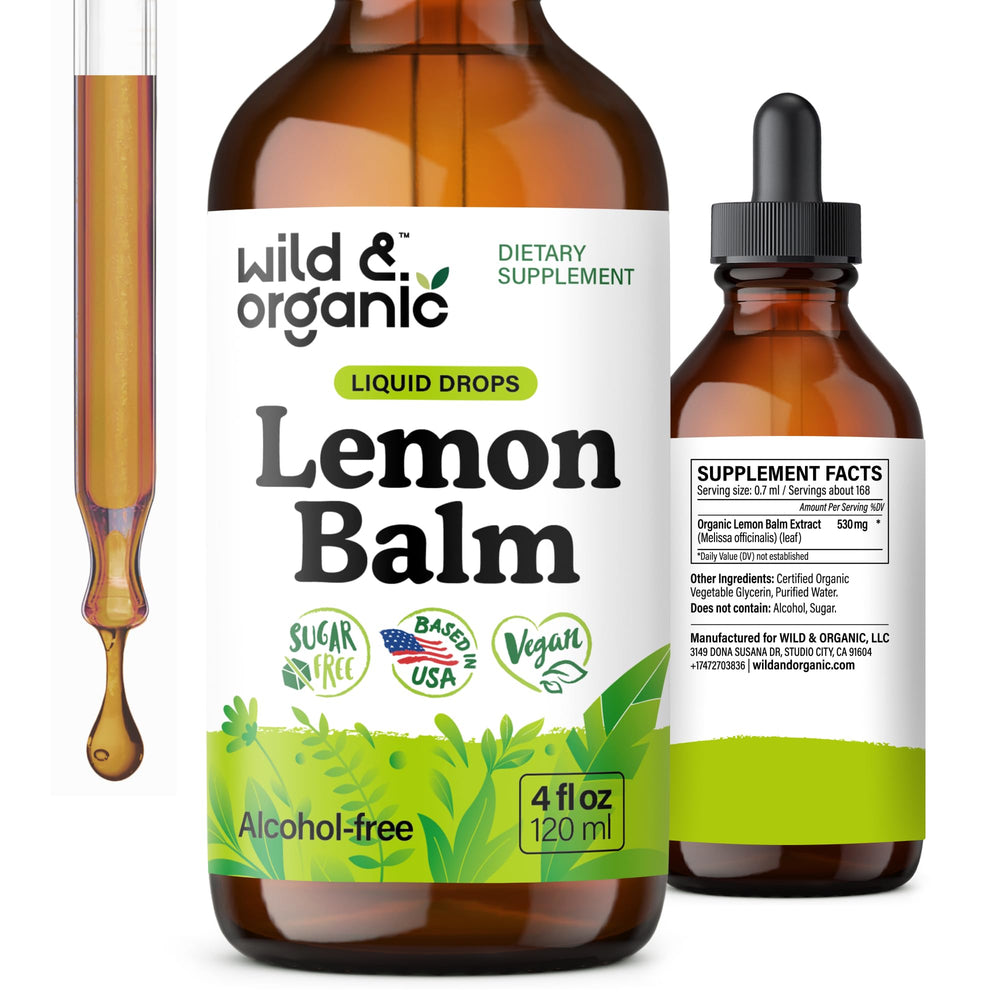 Wild & Organic lemon balm tincture bottle label close-up highlights vegan, alcohol-free formula for calm moments.