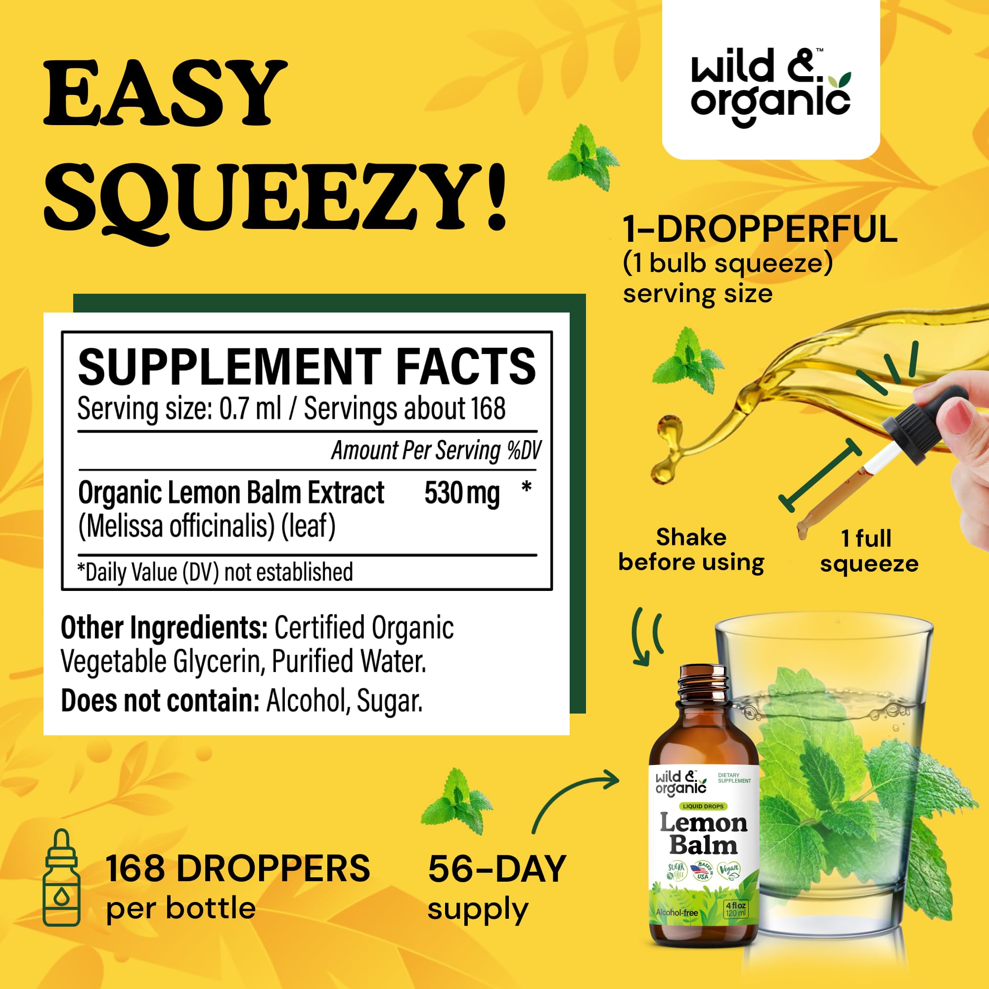 Wild & Organic lemon balm tincture drops amber glass capture supports gentle mood shifts.