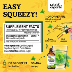 Wild & Organic lemon balm tincture drops amber glass capture supports gentle mood shifts.