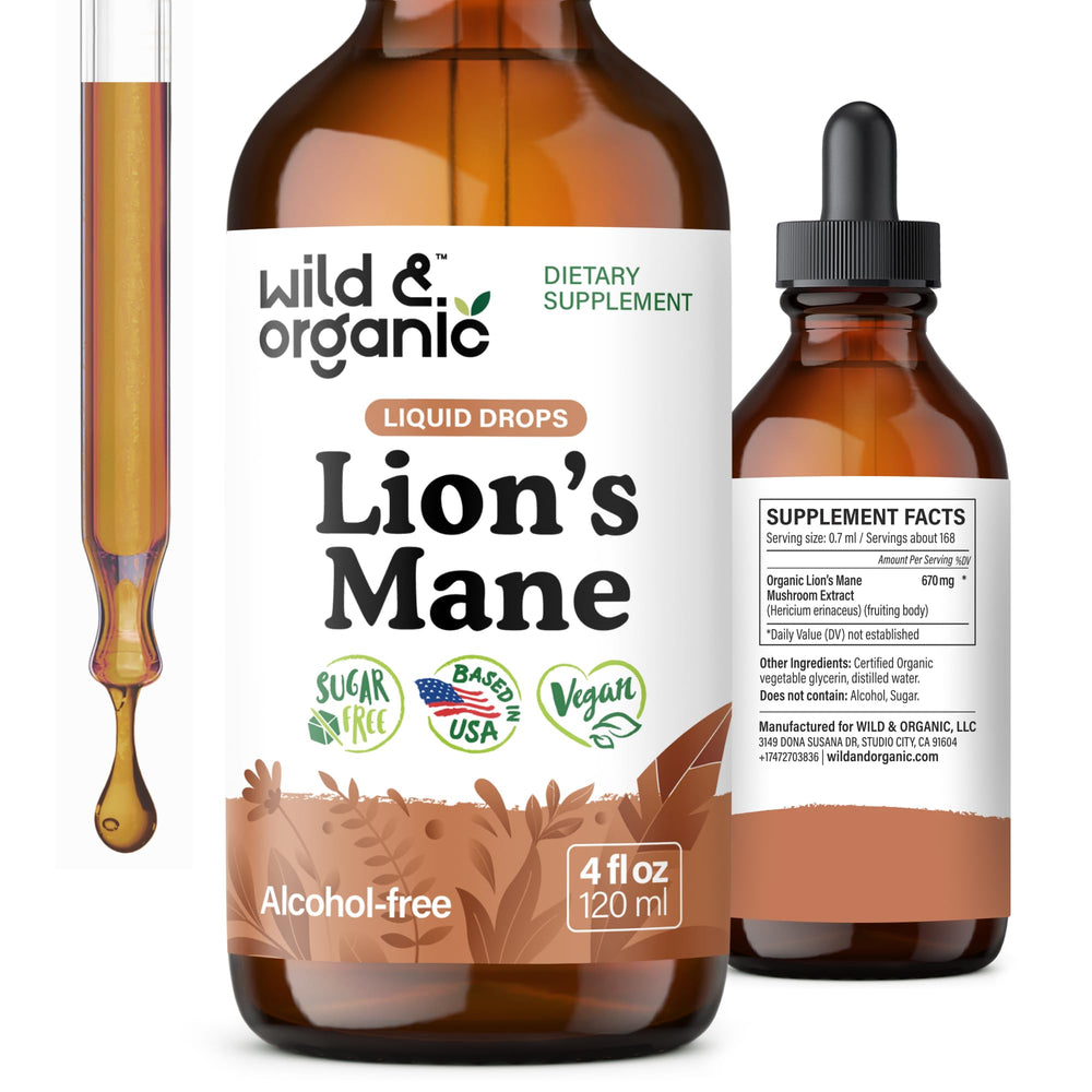 Wild & Organic Lions Mane Drops bottle for potential focus support.