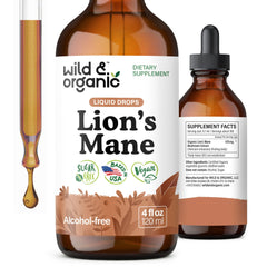 Wild & Organic Lions Mane Drops bottle for potential focus support.