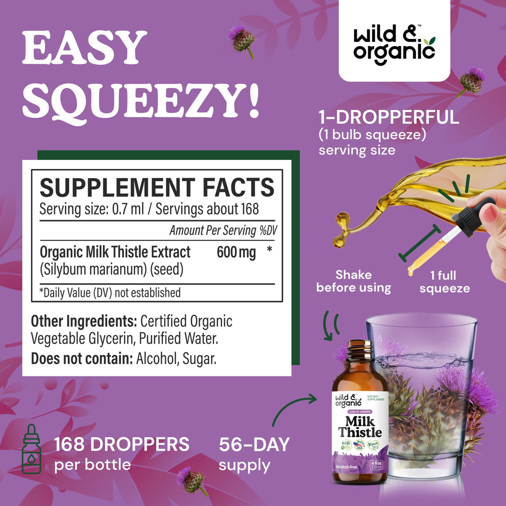 Wild & Organic Milk Thistle Seed Extract tincture label highlights alcohol-free base.