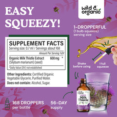 Wild & Organic Milk Thistle Seed Extract tincture label highlights alcohol-free base.