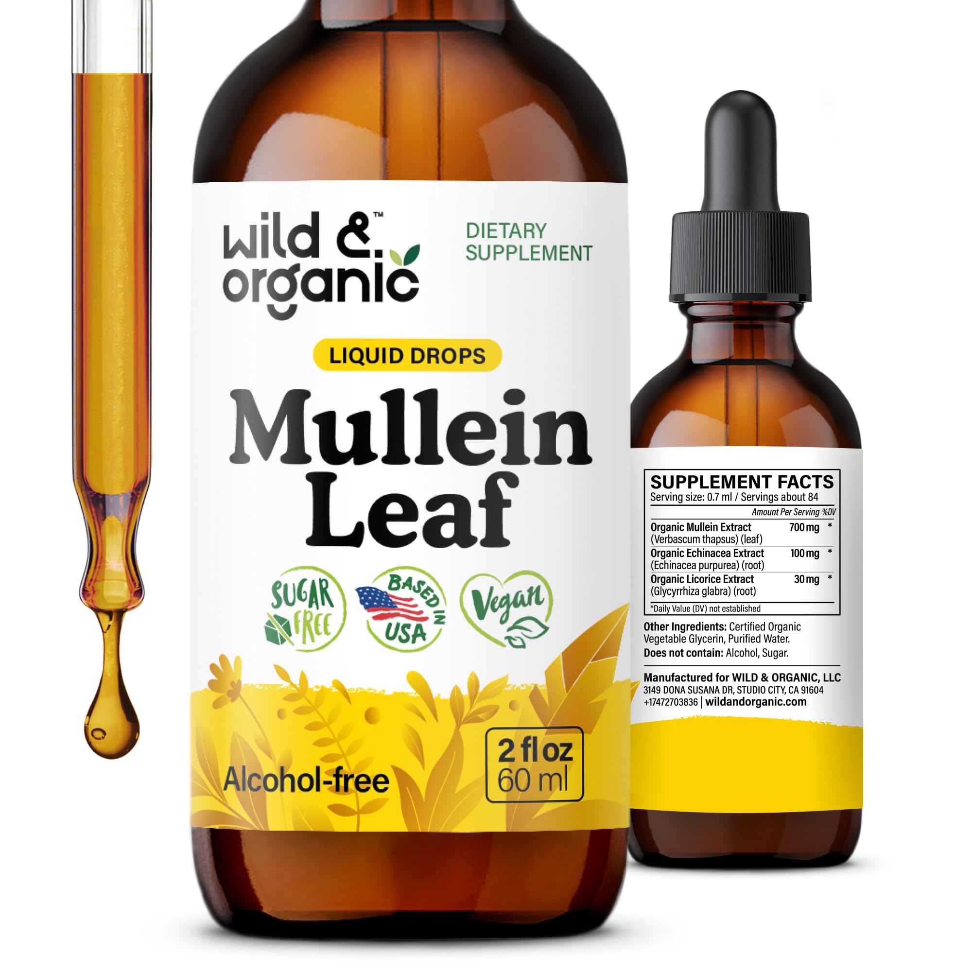 Wild and Organic Mullein Drops bottle with natural ingredients for lung support