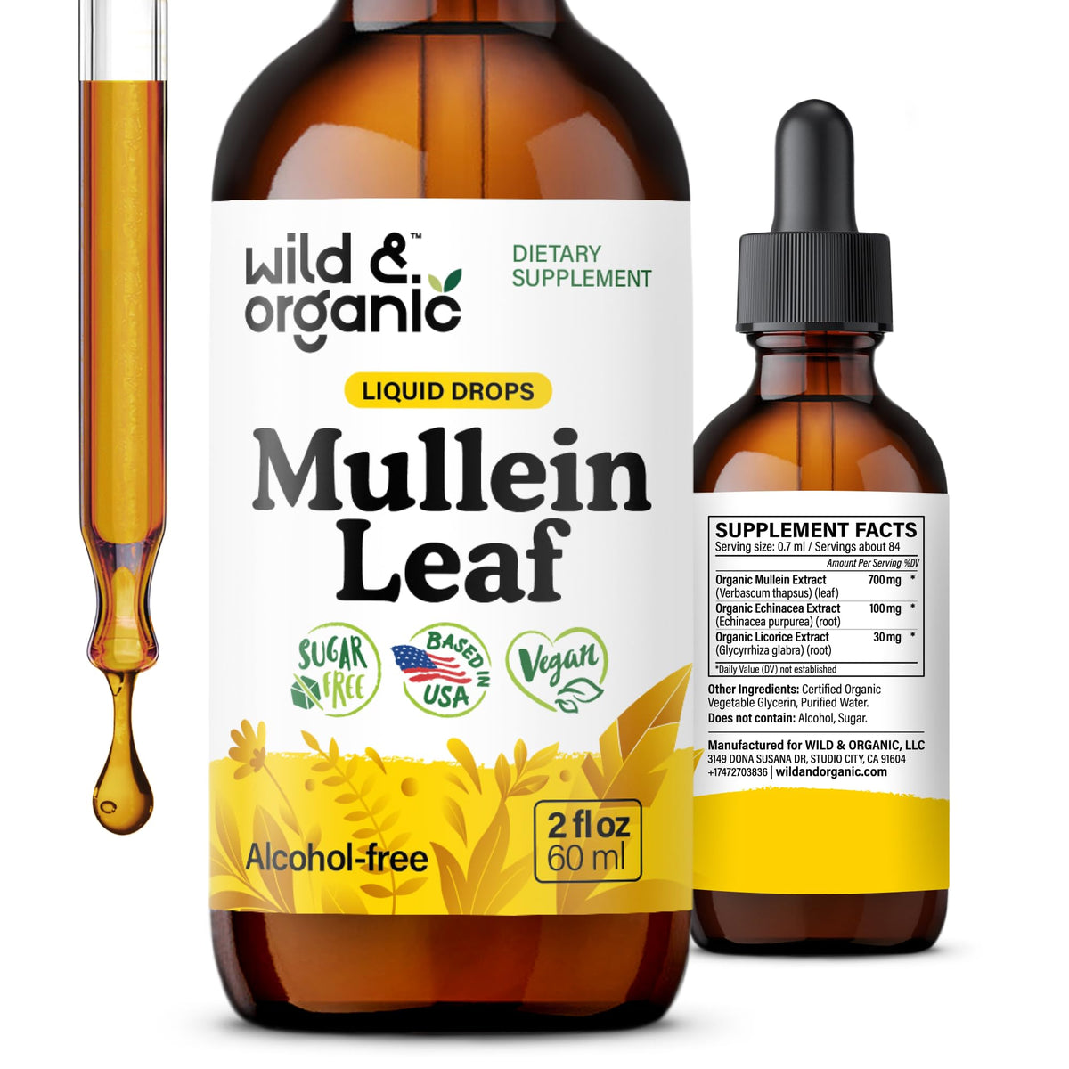 Wild and Organic Mullein Drops bottle with natural ingredients for lung support