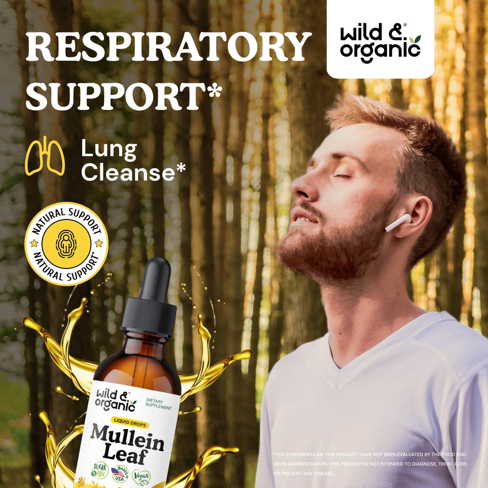Wild and Organic Mullein Drops label front highlights mullein echinacea and licorice