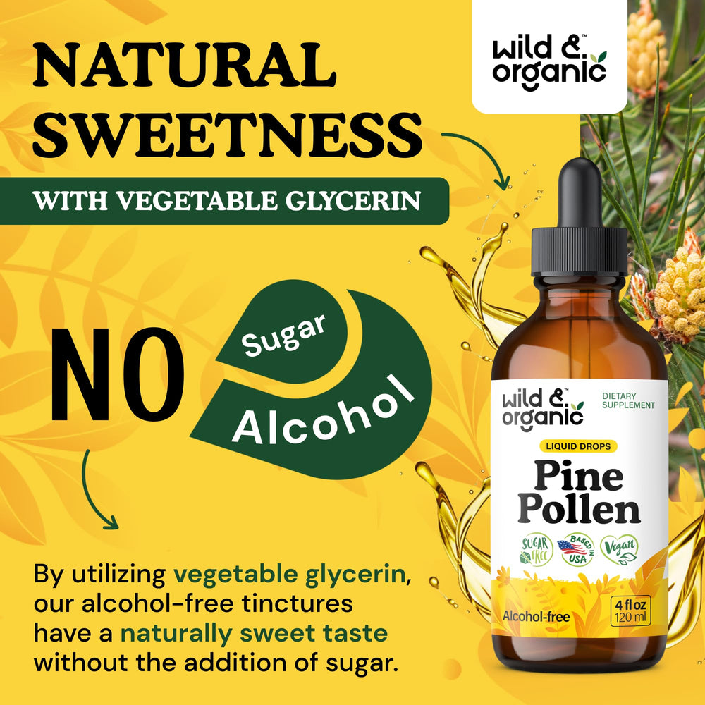Front label of Wild & Organic pine pollen tincture bottle