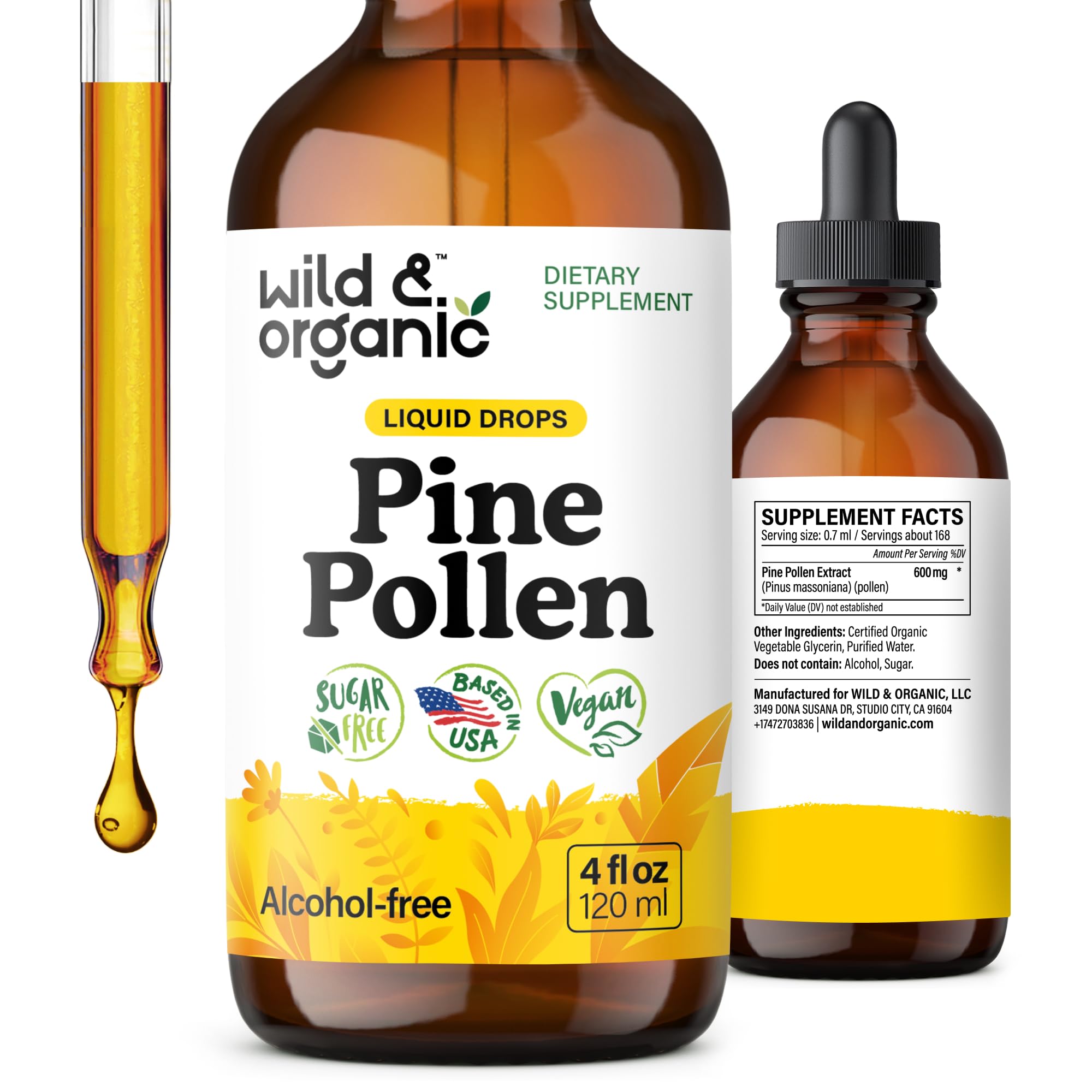 Wild & Organic pine pollen tincture bottle with dropper for daily vitality