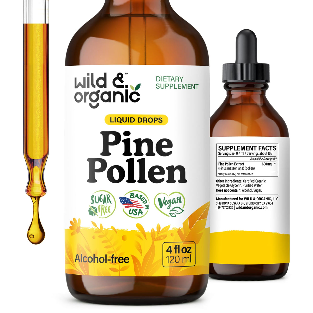 Wild & Organic pine pollen tincture bottle with dropper for daily vitality