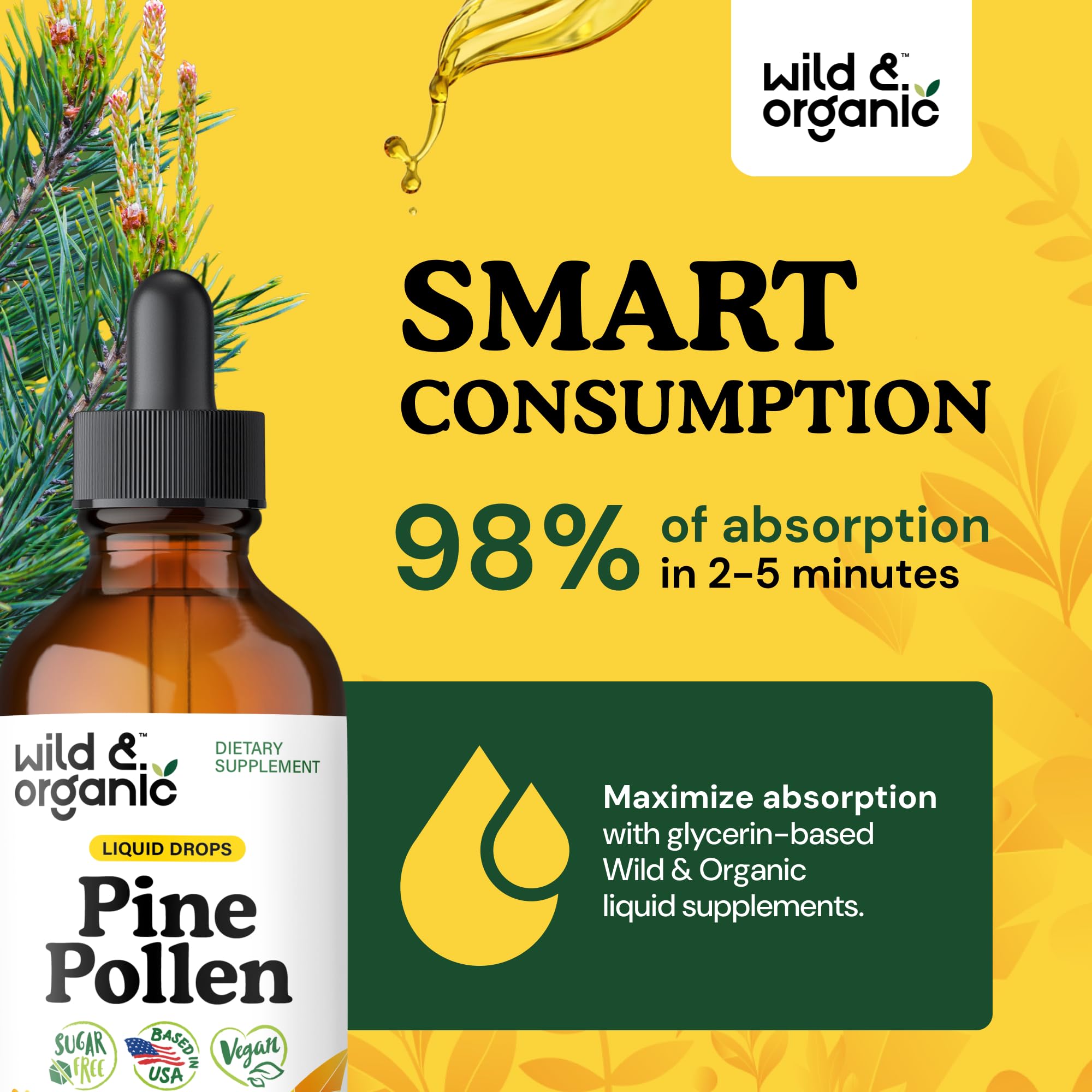 Pouring Wild & Organic pine pollen tincture into a glass, alcohol-free