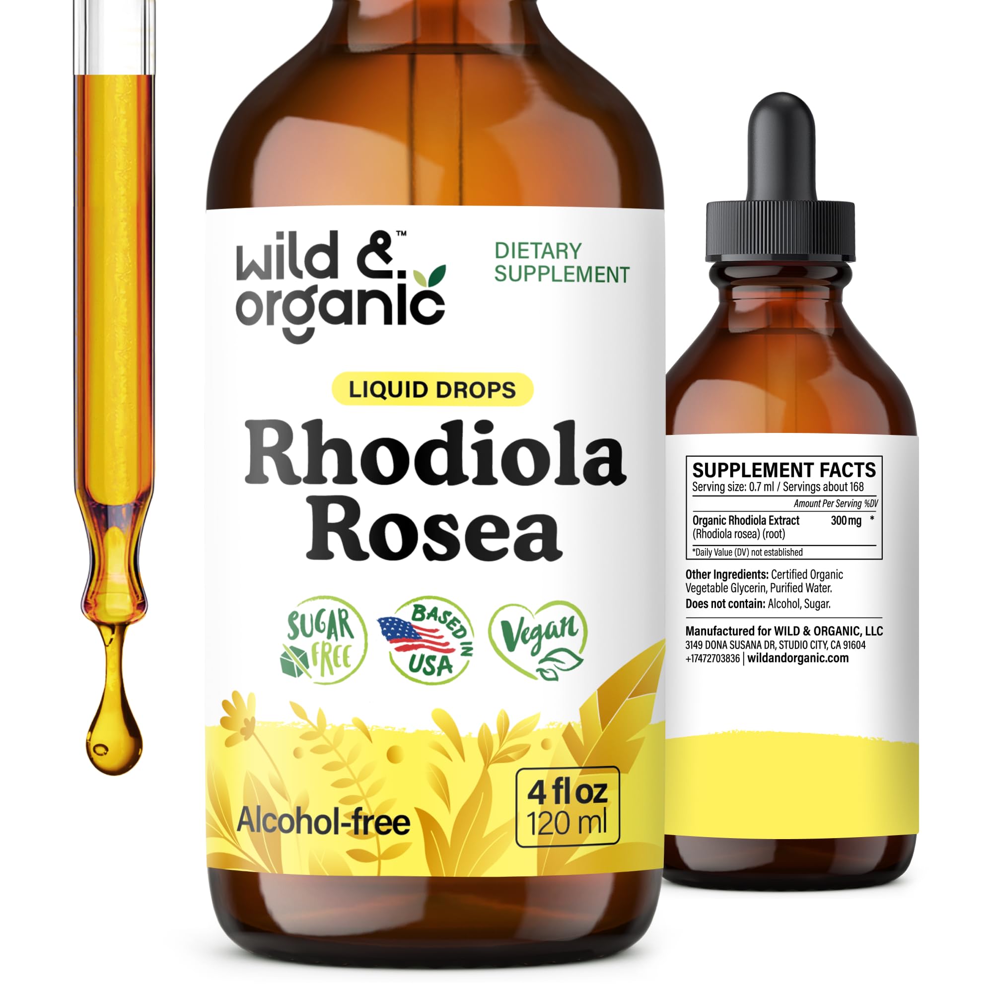 Wild & Organic Rhodiola Rosea Tincture bottle for mood support.