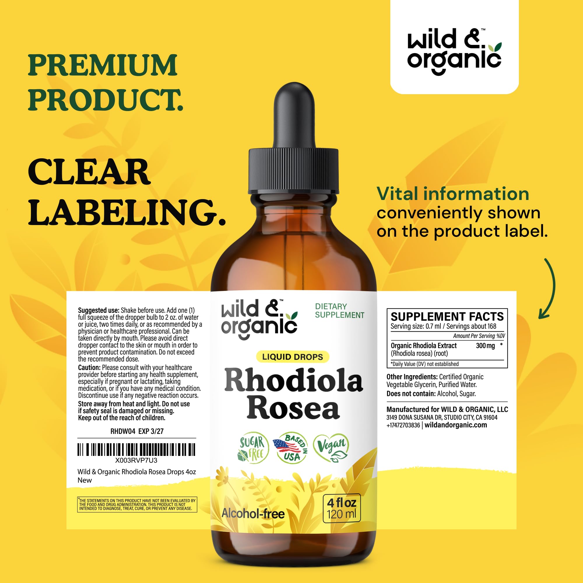 Wild & Organic Rhodiola Rosea Tincture serves an 84-day supply.