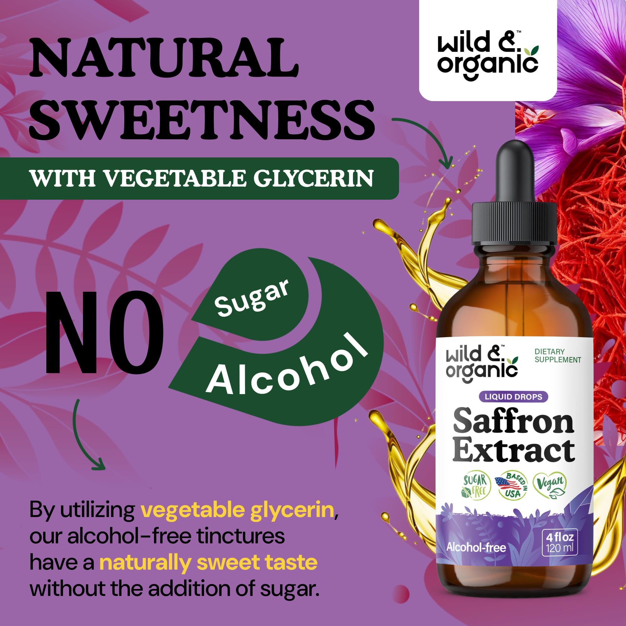 Wild & Organic saffron drops amber-tint bottle conveys premium, natural saffron extract