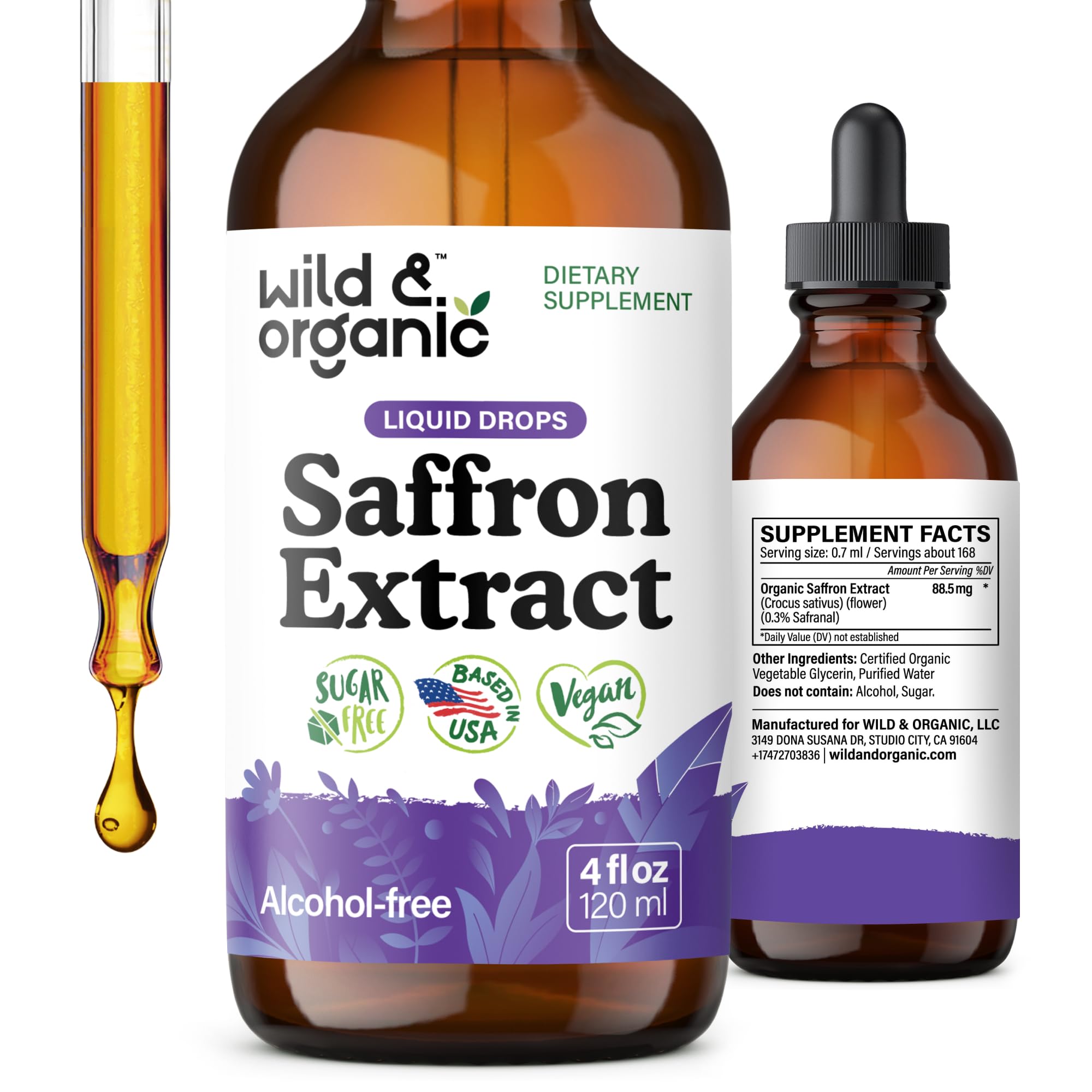 Wild & Organic saffron drops bottle showing vegan tincture for daily mood support
