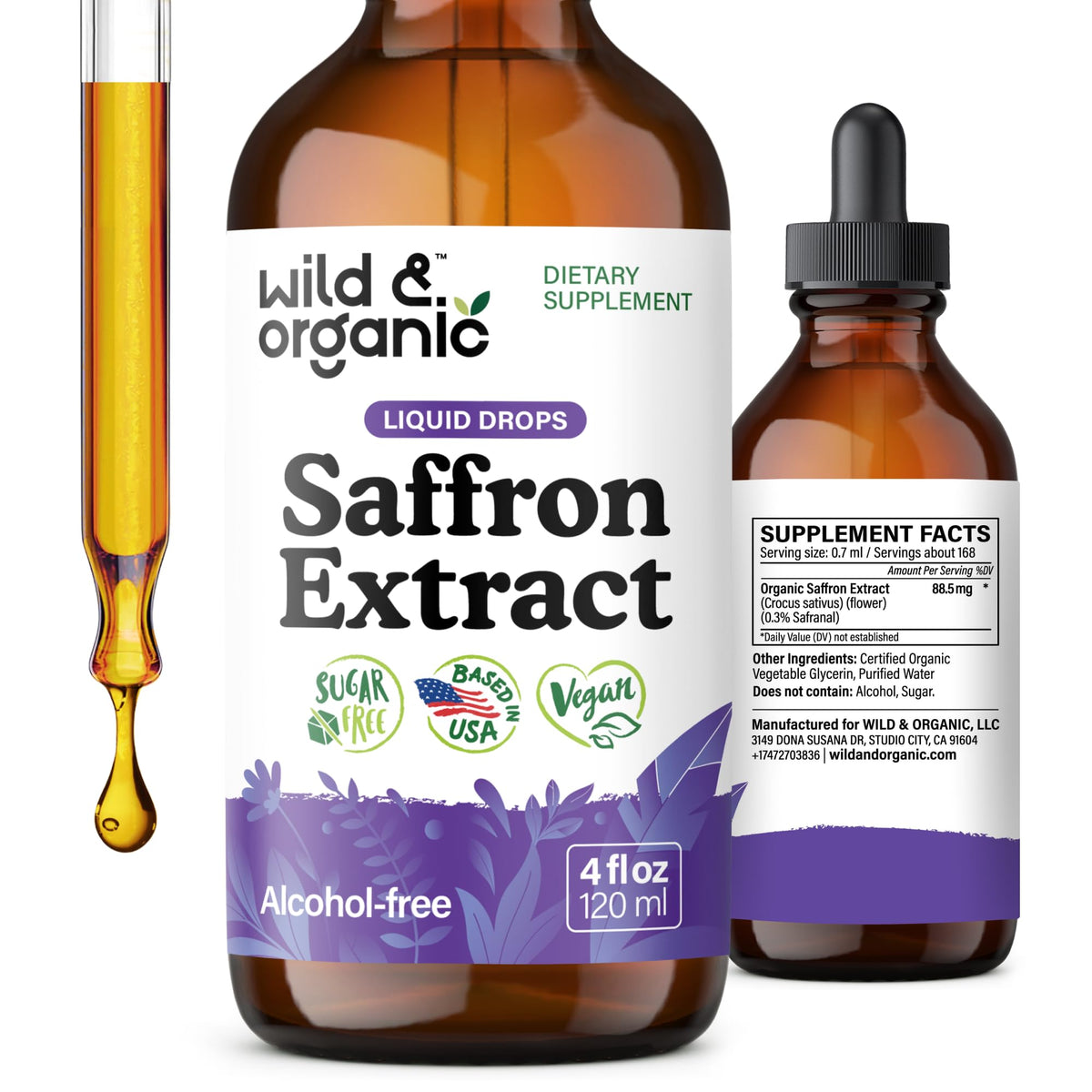Wild & Organic saffron drops bottle showing vegan tincture for daily mood support