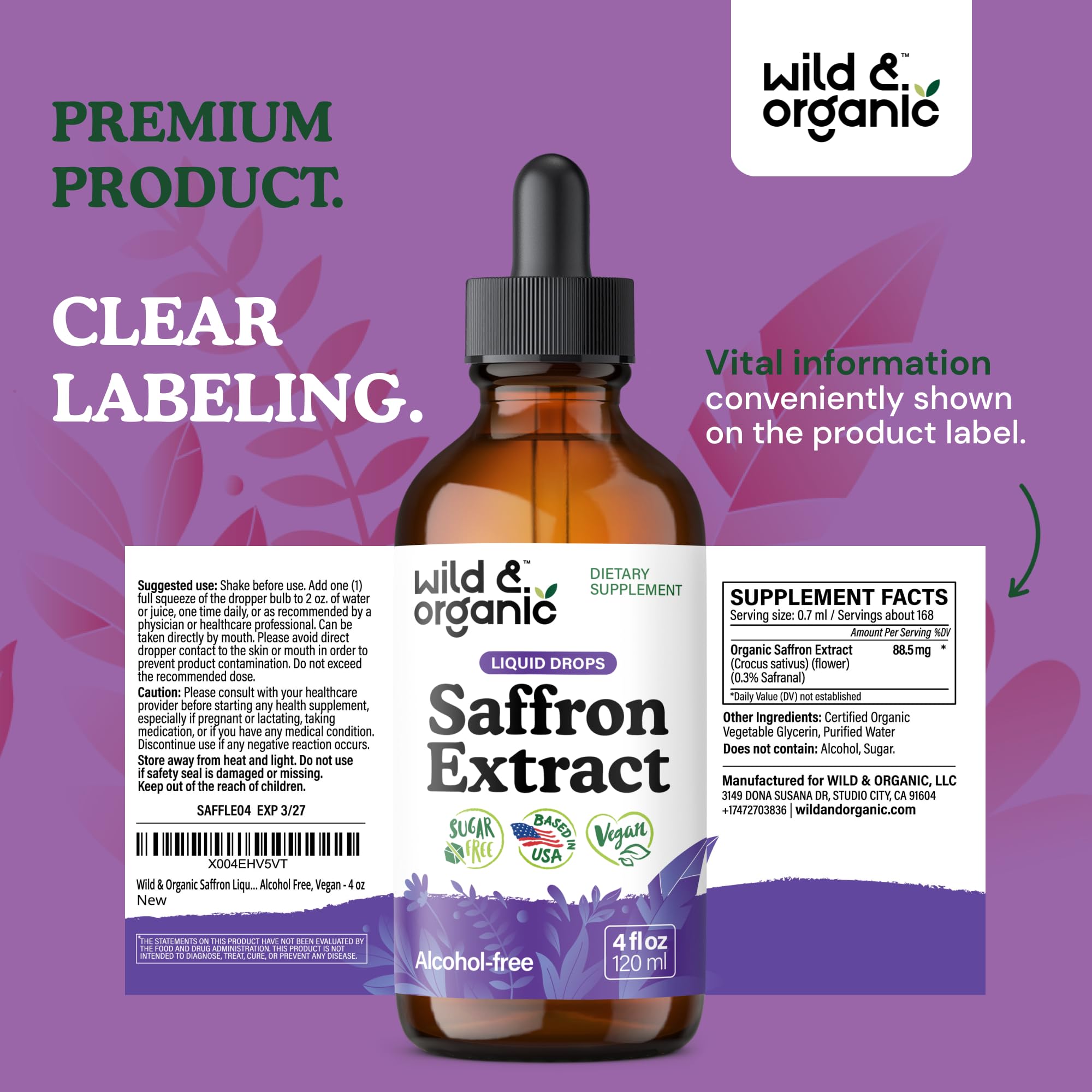 Wild & Organic saffron drops closeup emphasizes natural glycerin sweetness