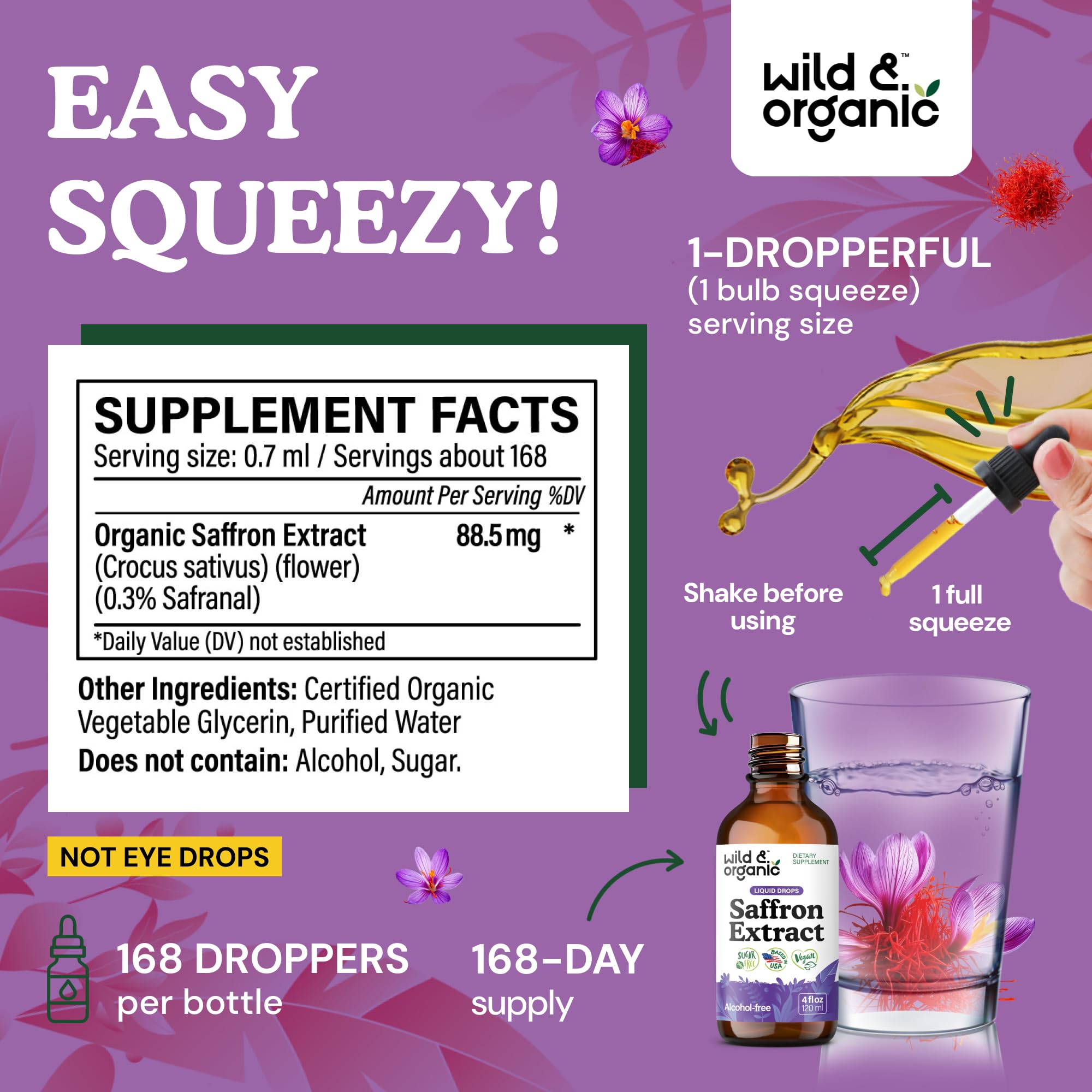 Wild & Organic saffron drops label highlights 168-day supply and vegan formula