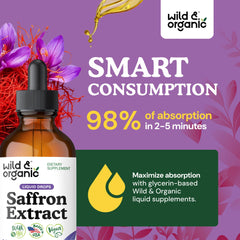 Wild & Organic saffron drops pour demonstrates convenient daily use for focus and eye comfort