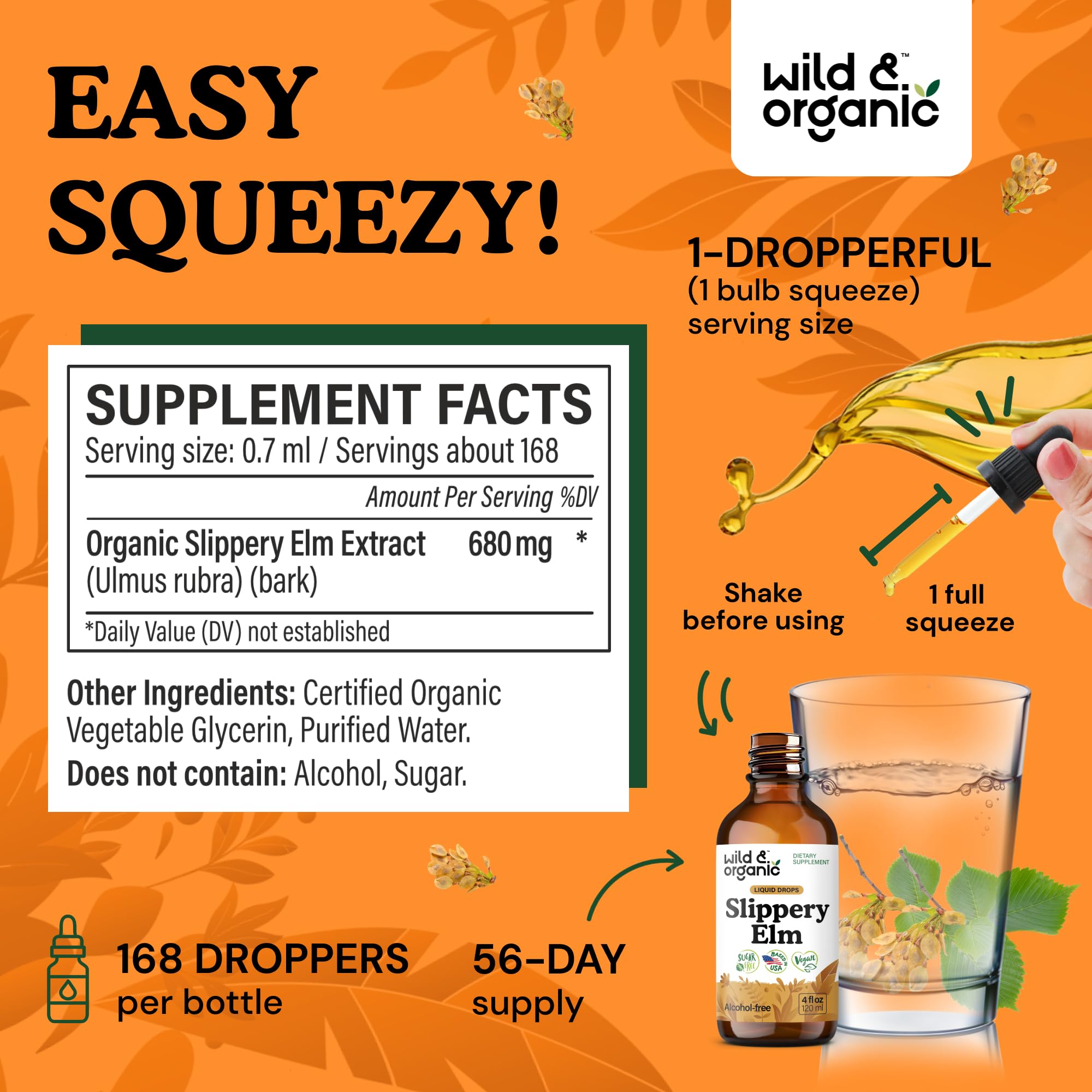 Dropper bottle of Wild & Organic Slippery Elm Liquid Drops for easy dosing.