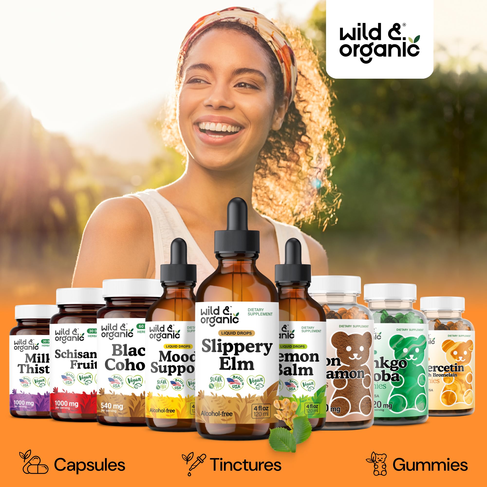 Label on Wild & Organic Slippery Elm Drop Liquid bottle highlighting alcohol-free formula.