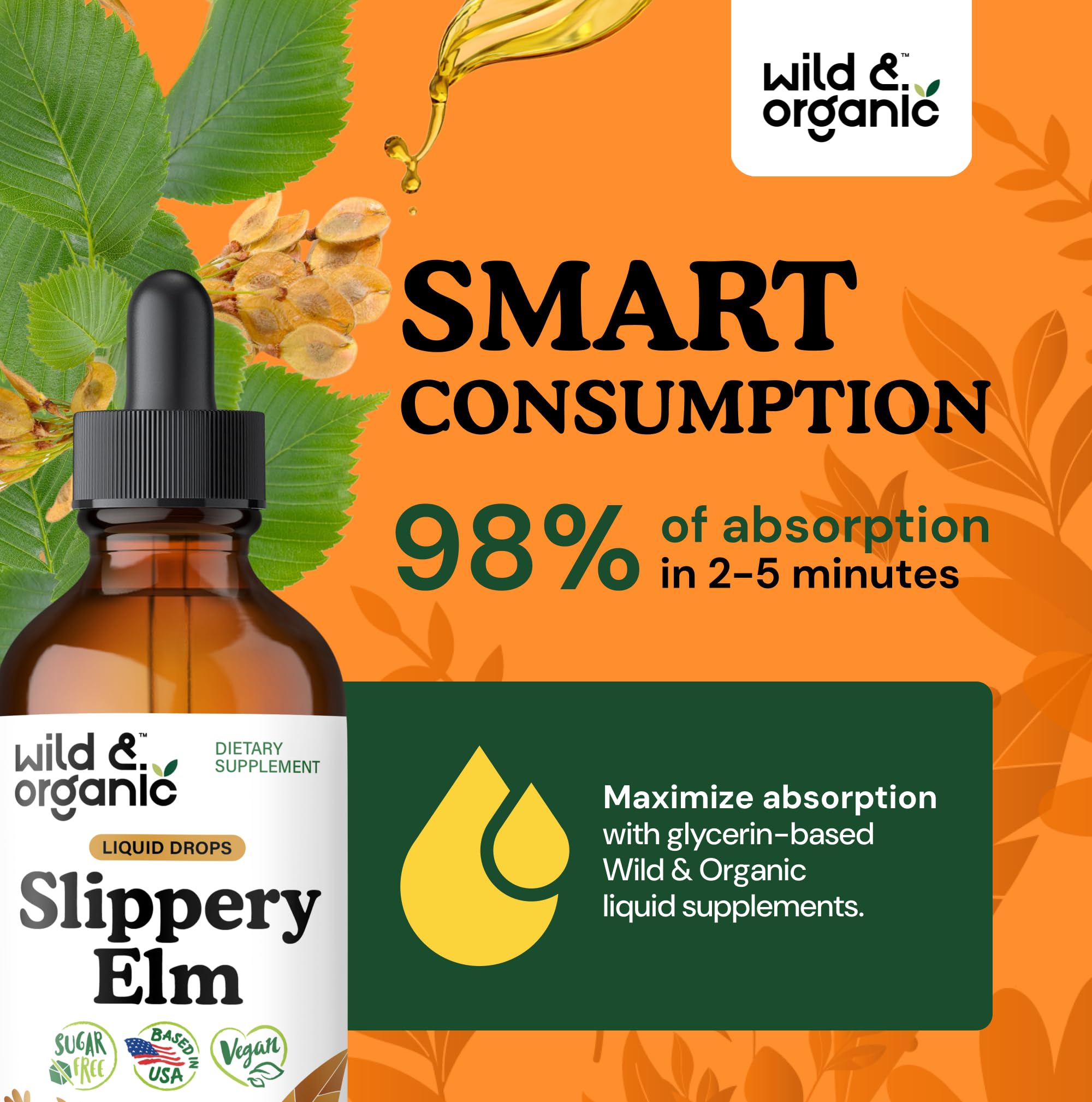 Tea preparation with Wild & Organic Slippery Elm drops for natural sweetness.