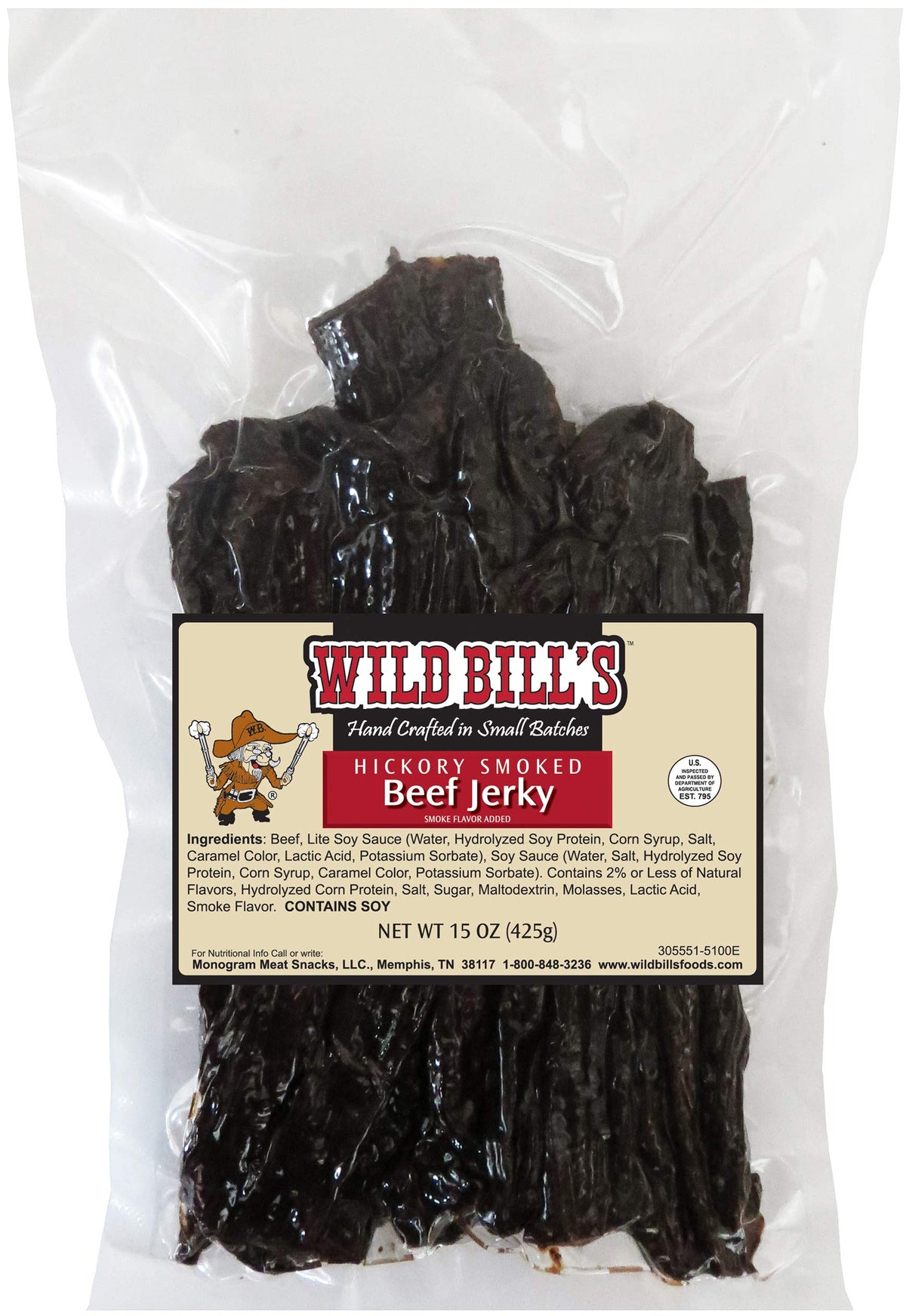 Wild Bill's Hickory Smoked Beef Jerky Strips on wood board, savory flavor