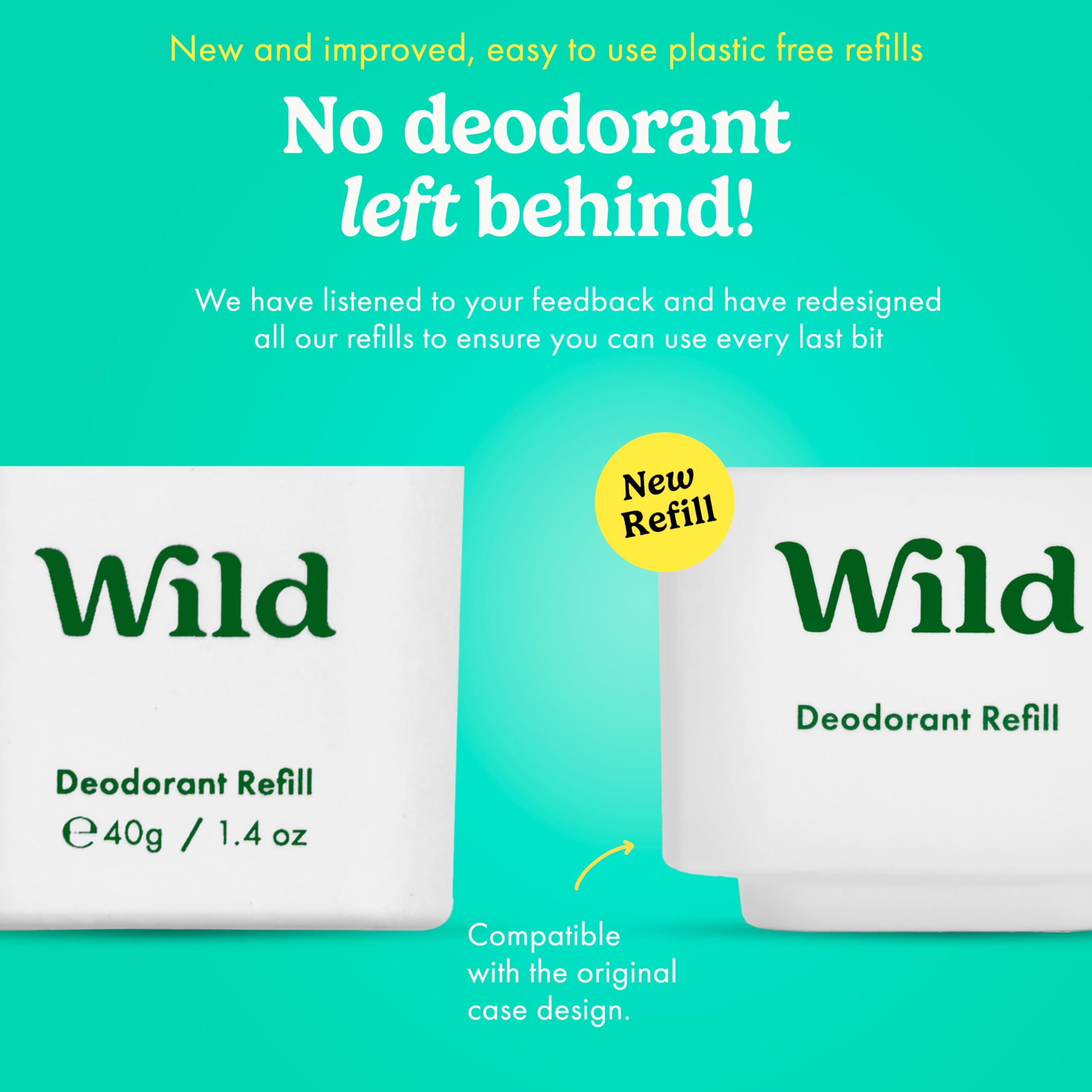 Wild refill system close-up highlighting zero-plastic design and premium ingredients.