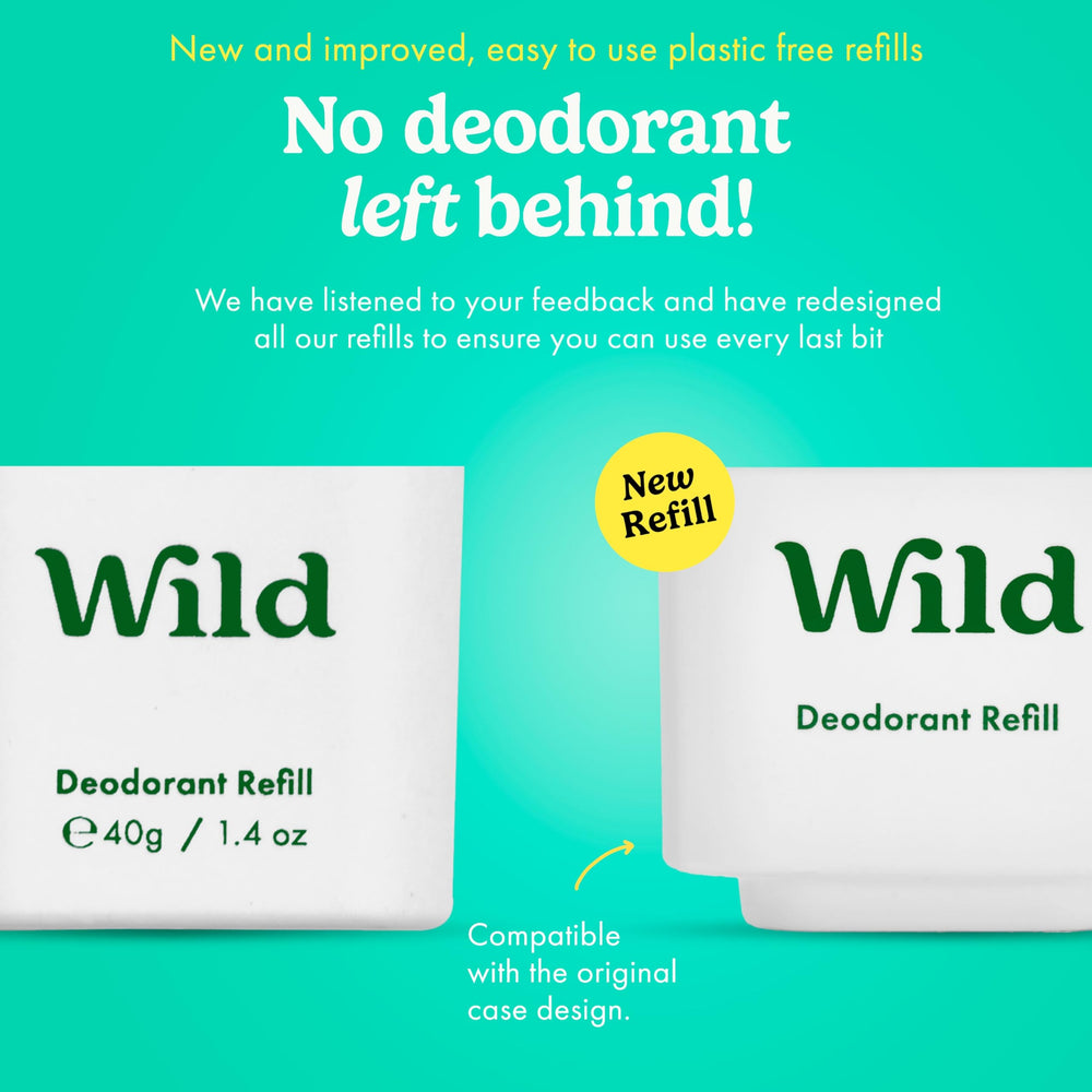 Wild refill system close-up highlighting zero-plastic design and premium ingredients.