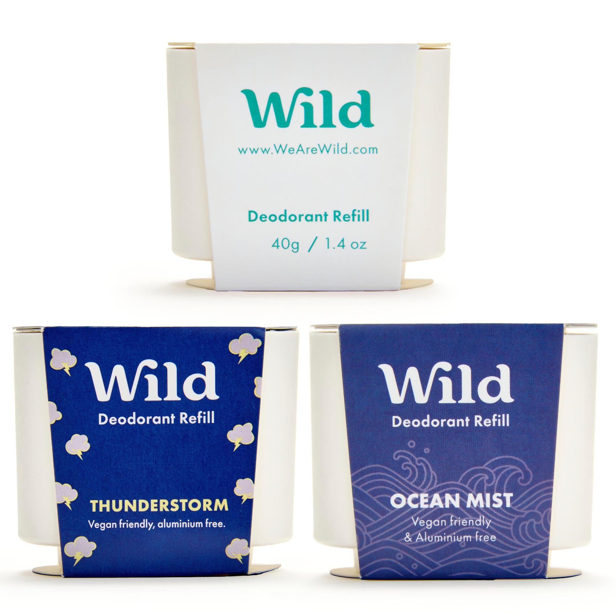 Wild aluminum-free deodorant variety pack front view showcases eco-friendly refill system.