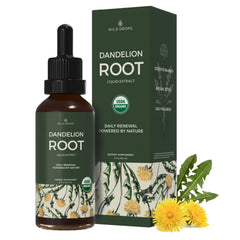 Wild Drops dandelion root tincture bottle supports liver health and daily wellness.