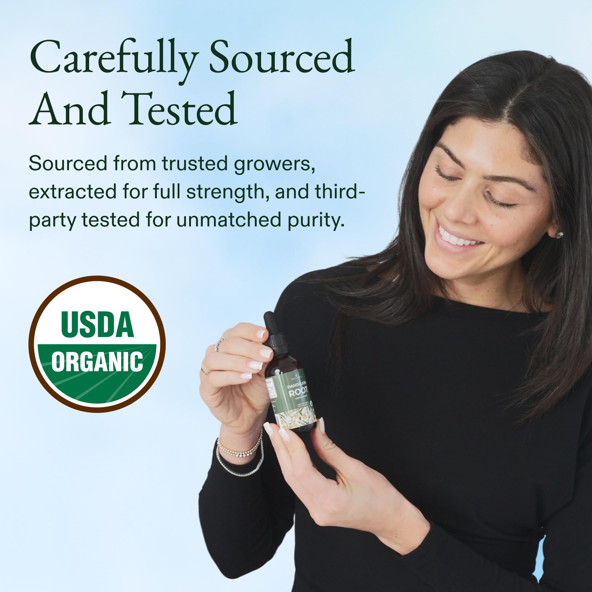 Wild Drops dandelion root tincture packaging conveys USDA Organic and USA made quality.