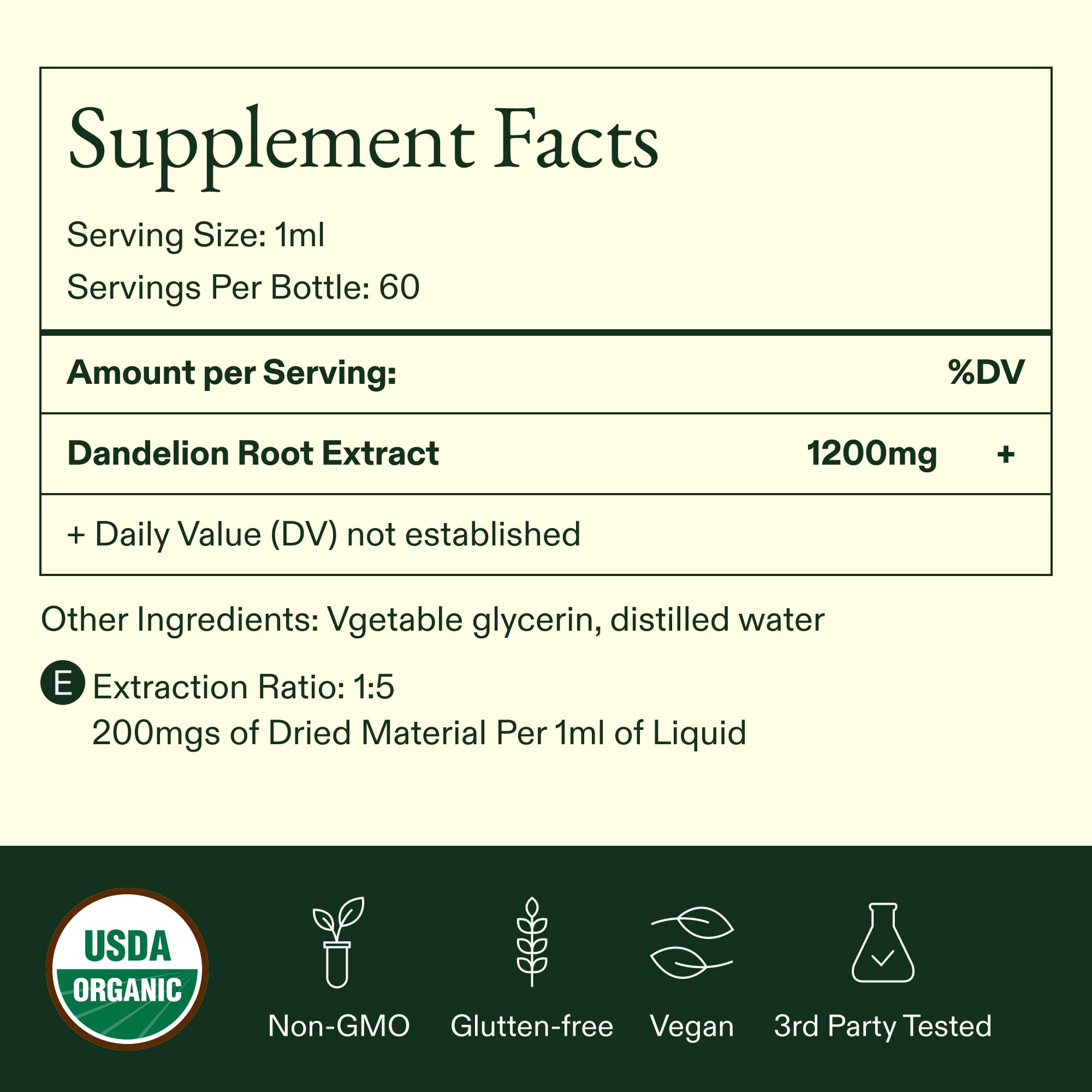 Wild Drops dandelion root tincture box and label indicate vegan and gluten-free formula.