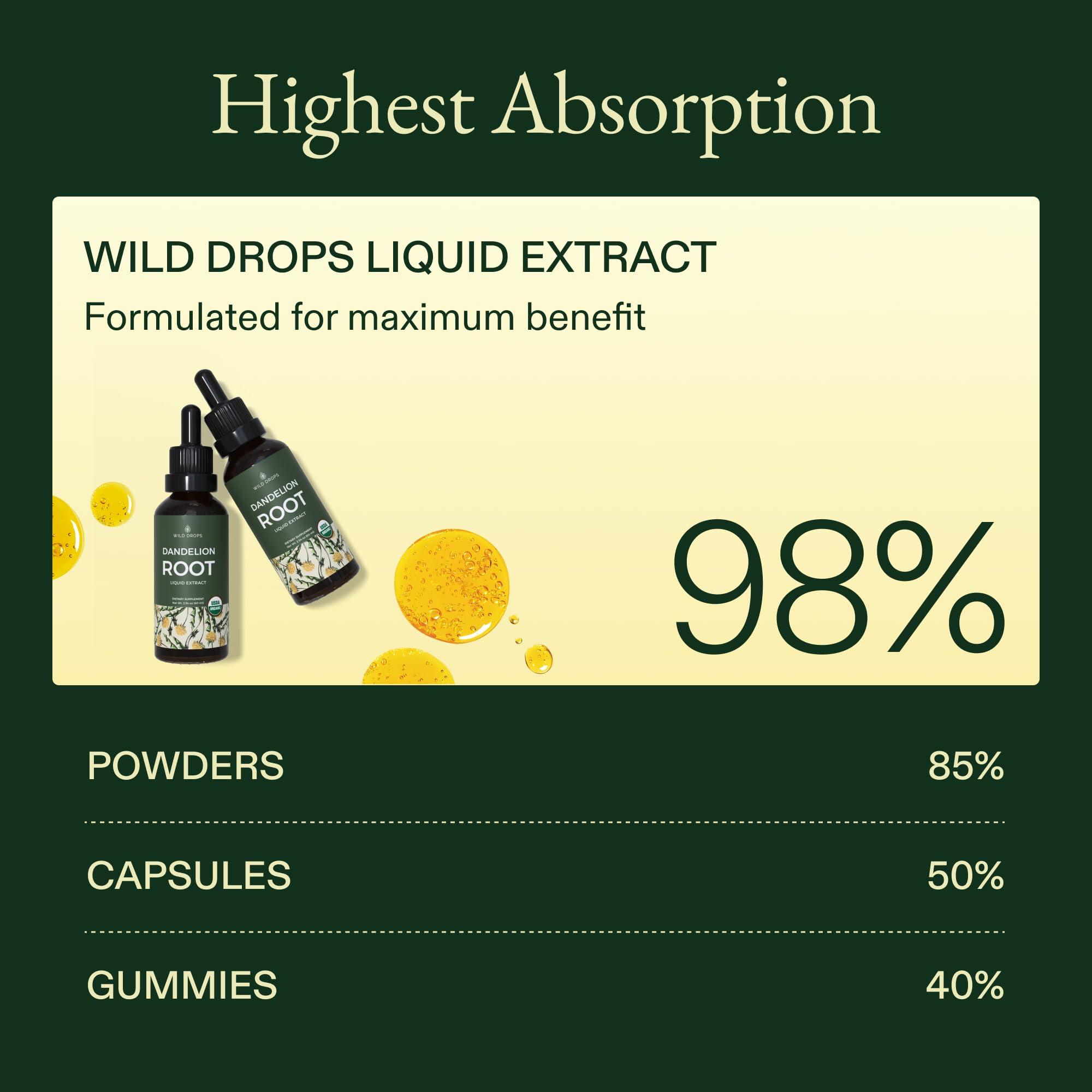 Wild Drops dandelion root tincture bottle with glass dropper for easy daily use.