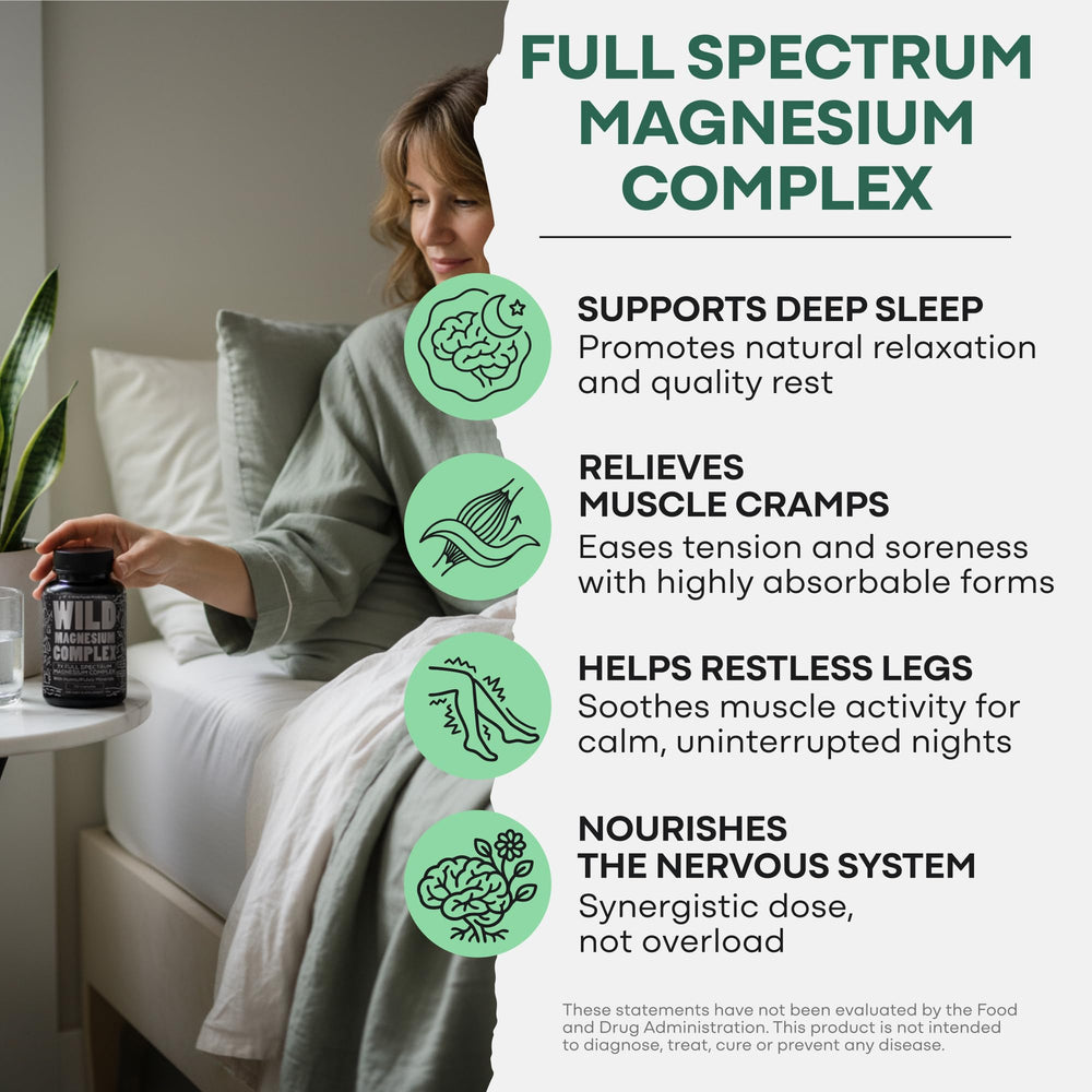 Wild Foods Magnesium Complex bottle label highlights vegan, non-GMO formula.