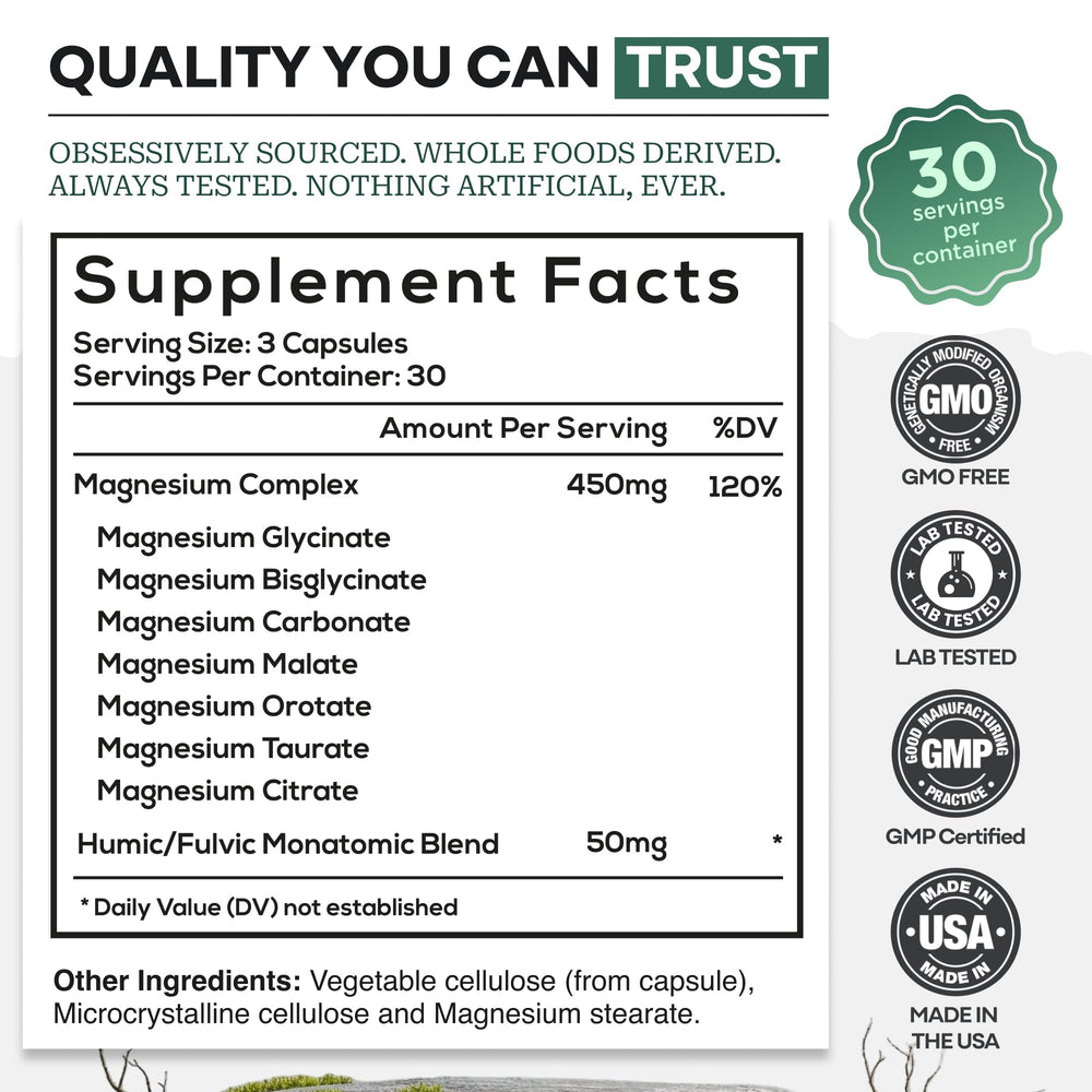 Wild Foods Magnesium Complex ingredients panel featuring humic and fulvic minerals.