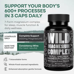 Wild Foods Magnesium Complex bottle with glass demonstrates premium quality.